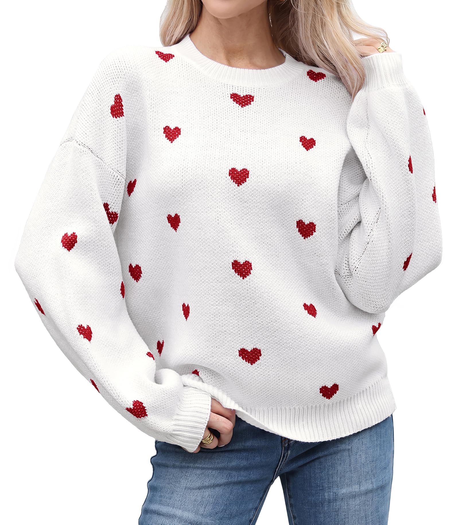 Pullover Damen Herzmuster Strickpullover Rundhals Locker Langarm Pulli | Weicher Strick Herzmuster Lockerer Schnitt Rundhals Ballonärmel Bequem Vielseitig für Alltag Freizeit Büro Herbst und Winter