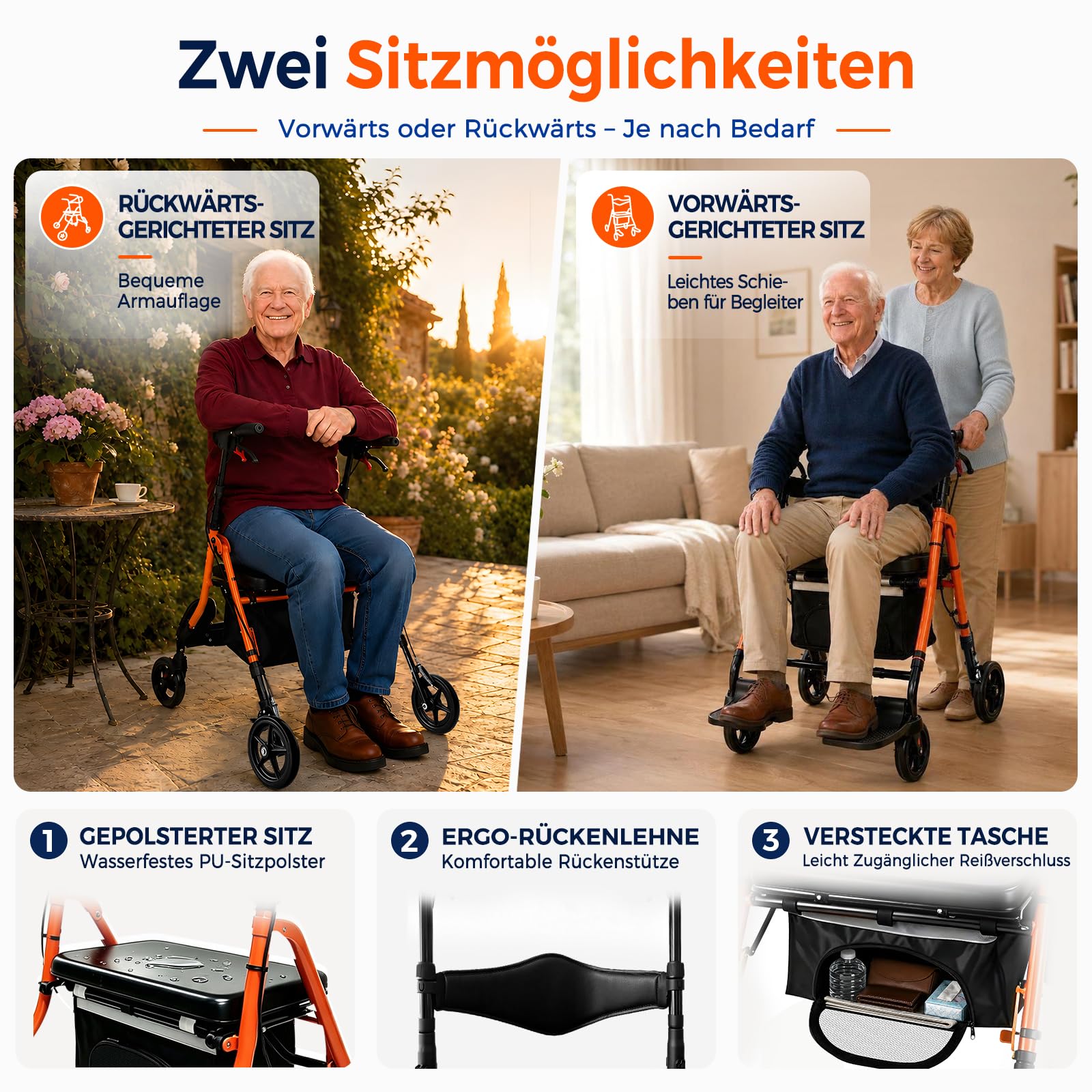 2 in 1 Rollstuhl Rollator Faltbar mit Sitz und Fußstützen, Schmal