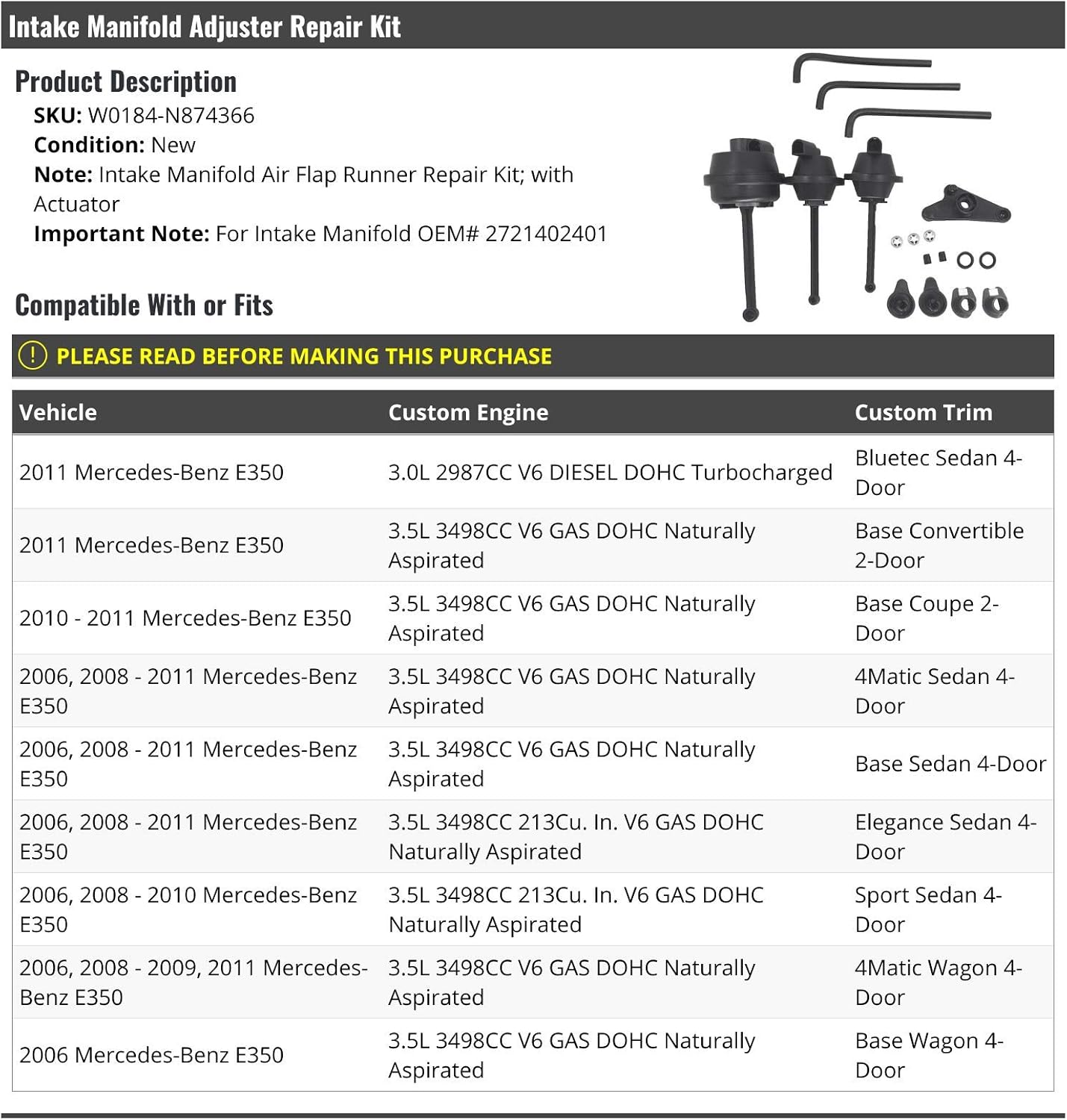 Intake Manifold Air Flap Runner Repair Kit with Actuator - Compatible with 2006, 2008-2011 Mercedes-Benz E350