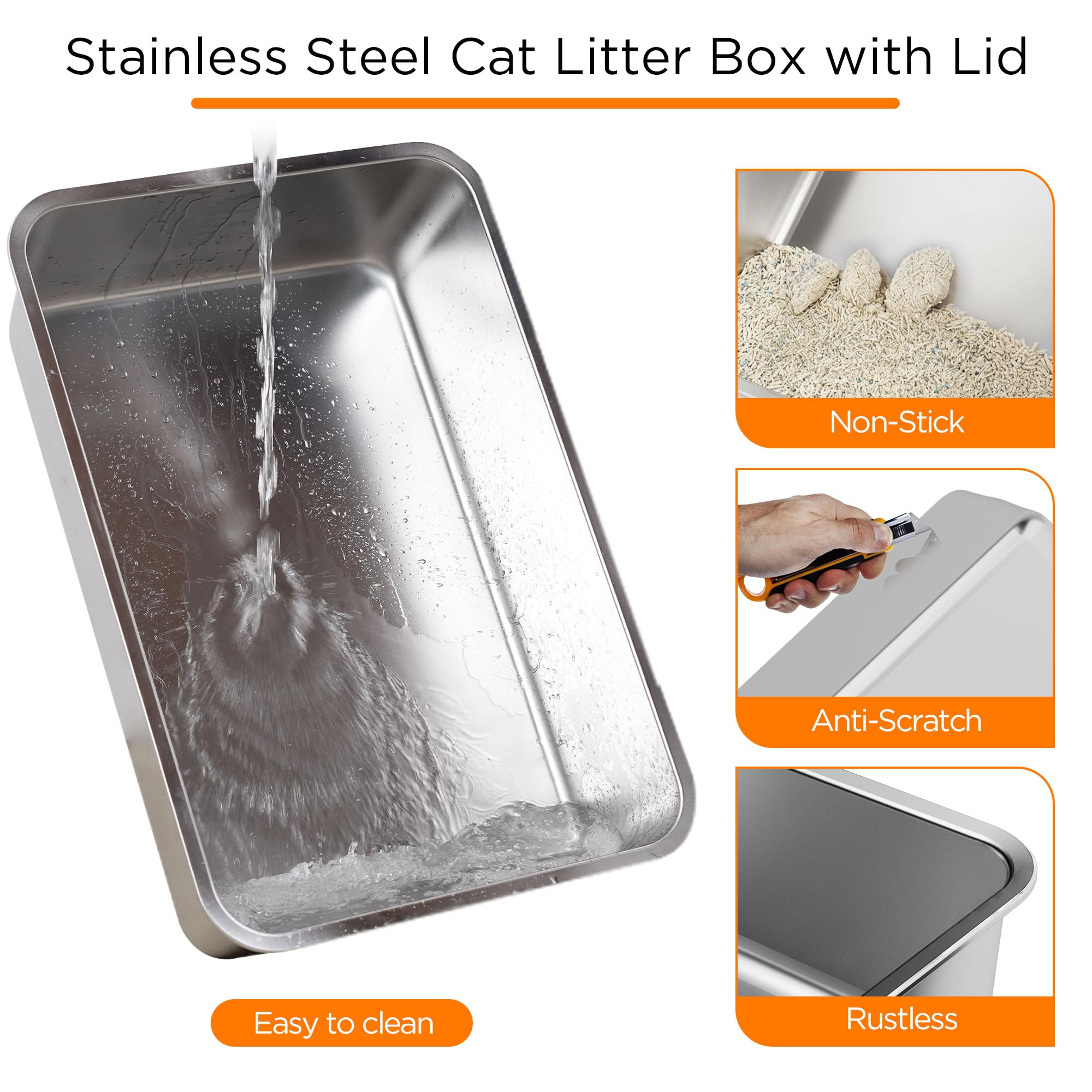 Citylife Stainless Steel Cat Litter Box with Lid，XL Extra Large Enclosed Removable Metal Litter Box with Litter Scoop&Double Layer Litter Mat,Non-Sticky，Non-Odor,Easy Cleaning, for Big Cats，Grey