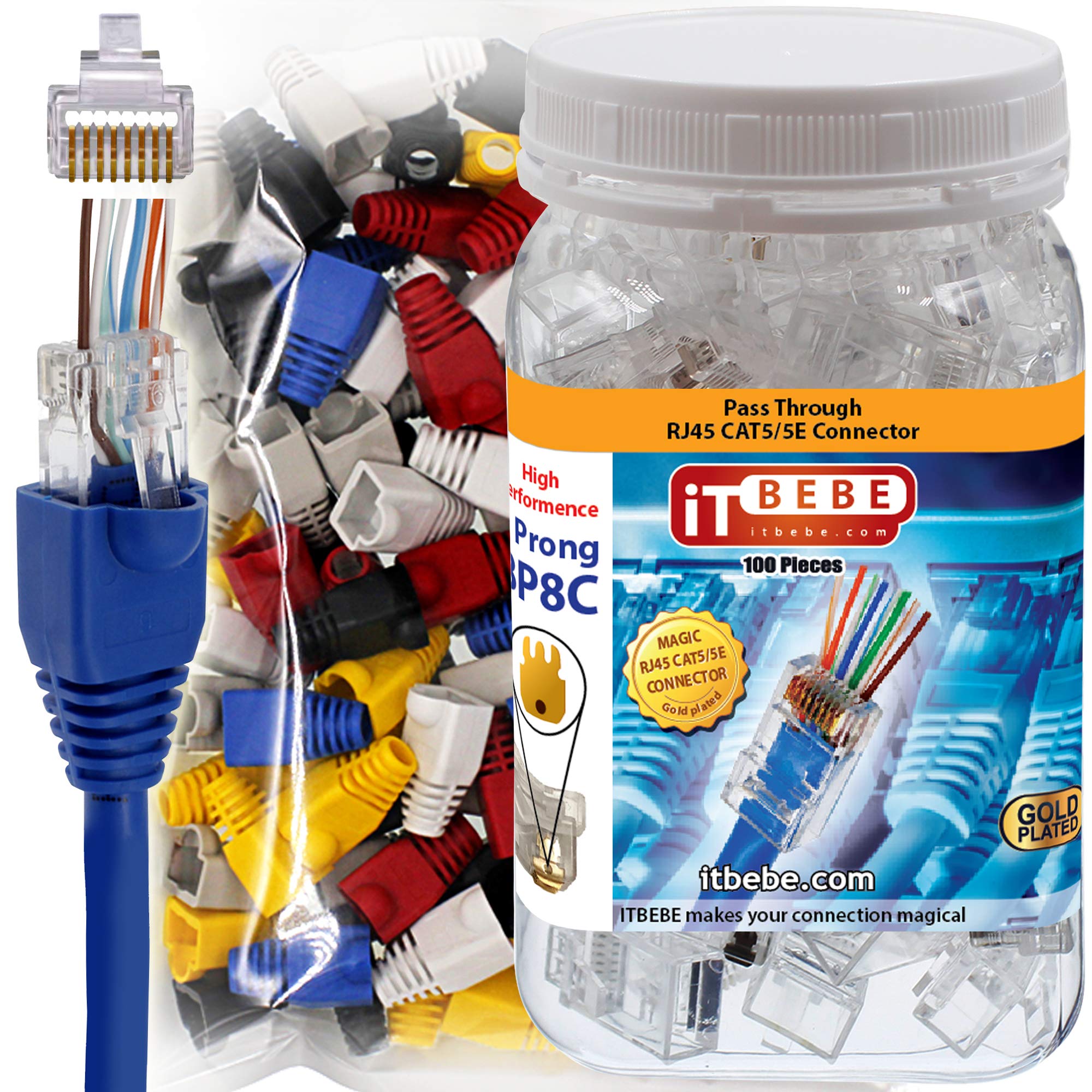 ITBEBE 100 Pieces RJ45 Cat5, Cat5e Pass Through connectors and 100 Pieces Red Strain Relief Boots for 24 AWG Cables