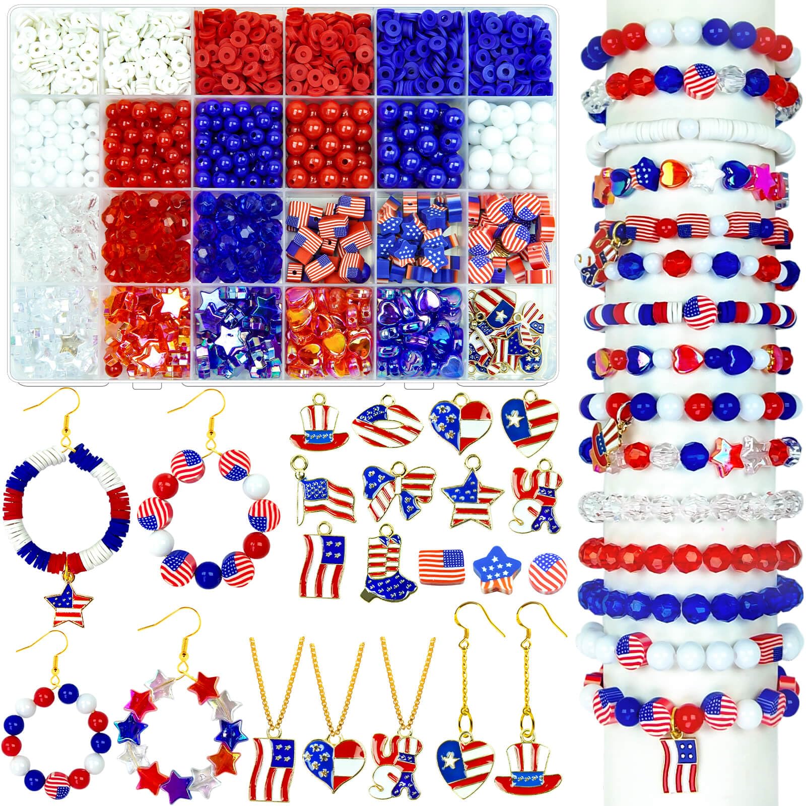 2290 Pcs 4th of July Red White Blue Beads Bracelet Jewelry Making Kit Independence Day Patriotic Clay Heishi Beads Star Heart Charms with America Flag
