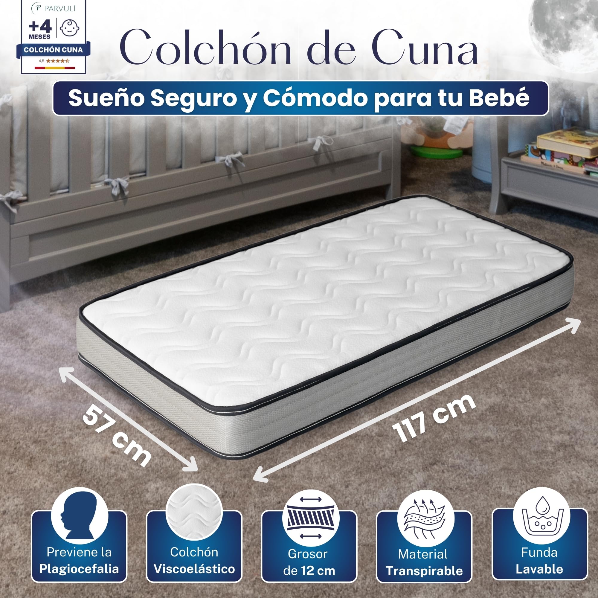 P PARVULÍ PARVULI Colchón Cuna Bebé 117x57 cm - Doble Cara Verano/Invierno - Viscoelástico + HR - Transpirable y Antiaxfixia - Certificado Oeko-Tex