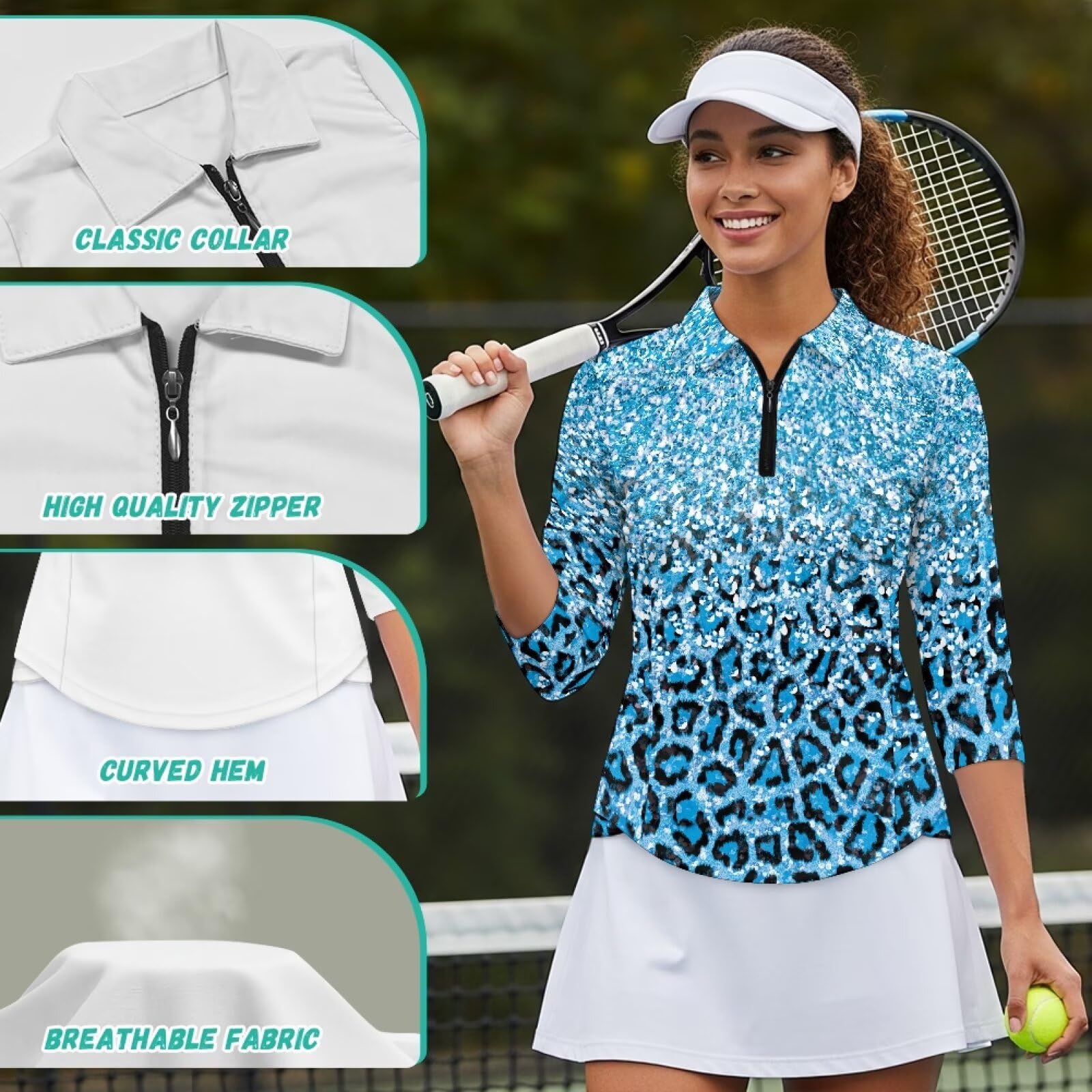 Biyejit Polo de golf à manches longues 3/4 pour femme Fermeture éclair 1/4 Style décontracté Travail Sport Activewear Keep Cool S-XXL