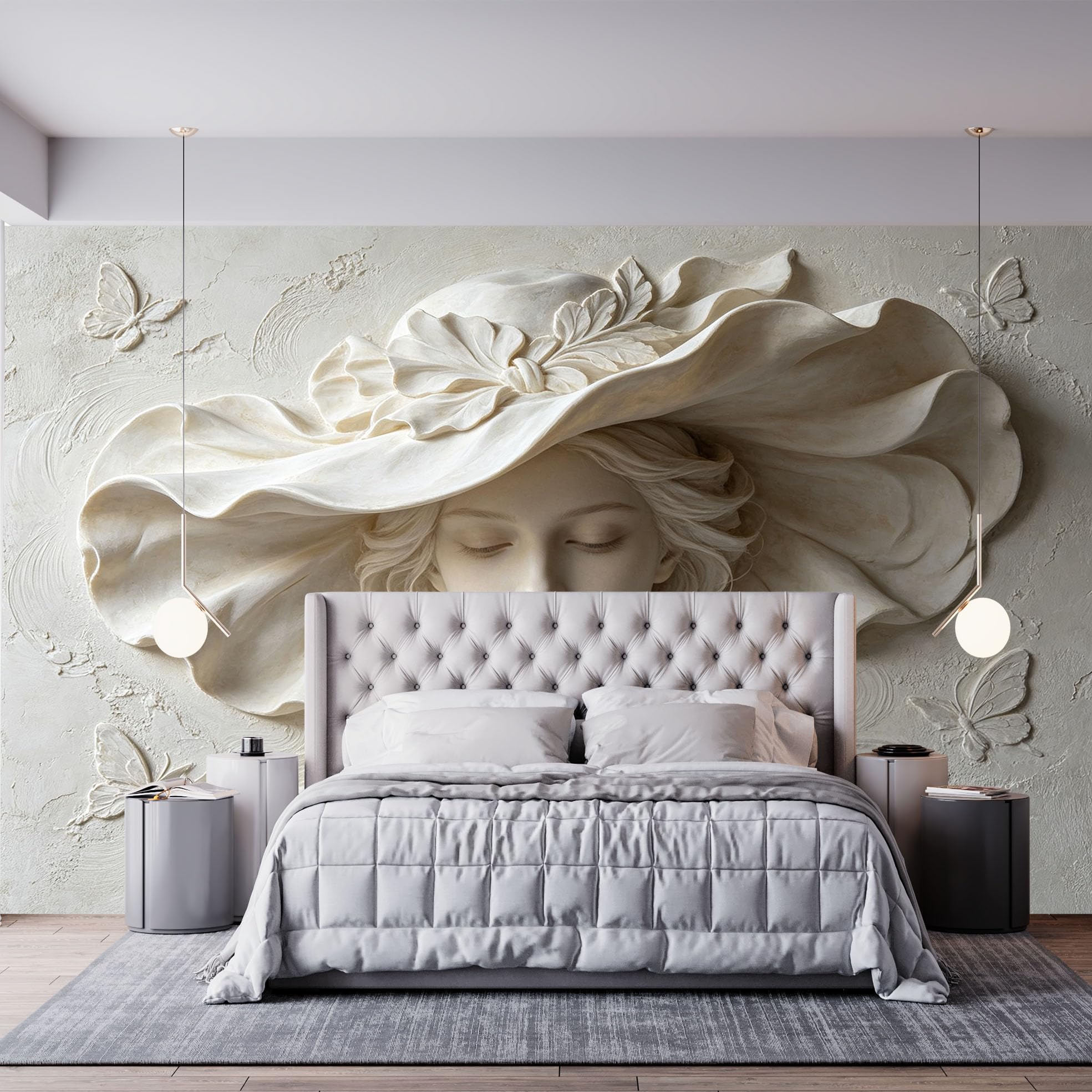 Fototapeta "Kobieta w kapeluszu kwiatowym" 3D Flower Woman Tapeta flizelinowa Art Nouveau Rzeźba Damska okładzina ścienna 371 x 280 cm Kremowy Beżowy Akcent Dekoracja Ścienna Do Salonu Sypialni TV