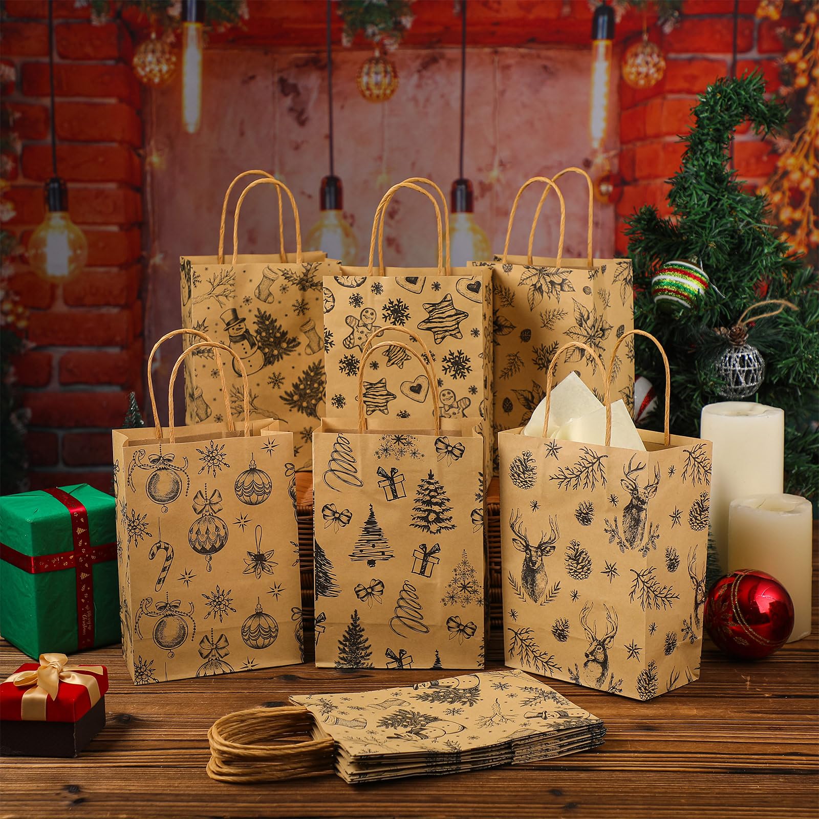 Yexiya 24-Pack Vintage Christmas Tree Gift Bags - Kraft Paper Holiday Party Supplies With Handles