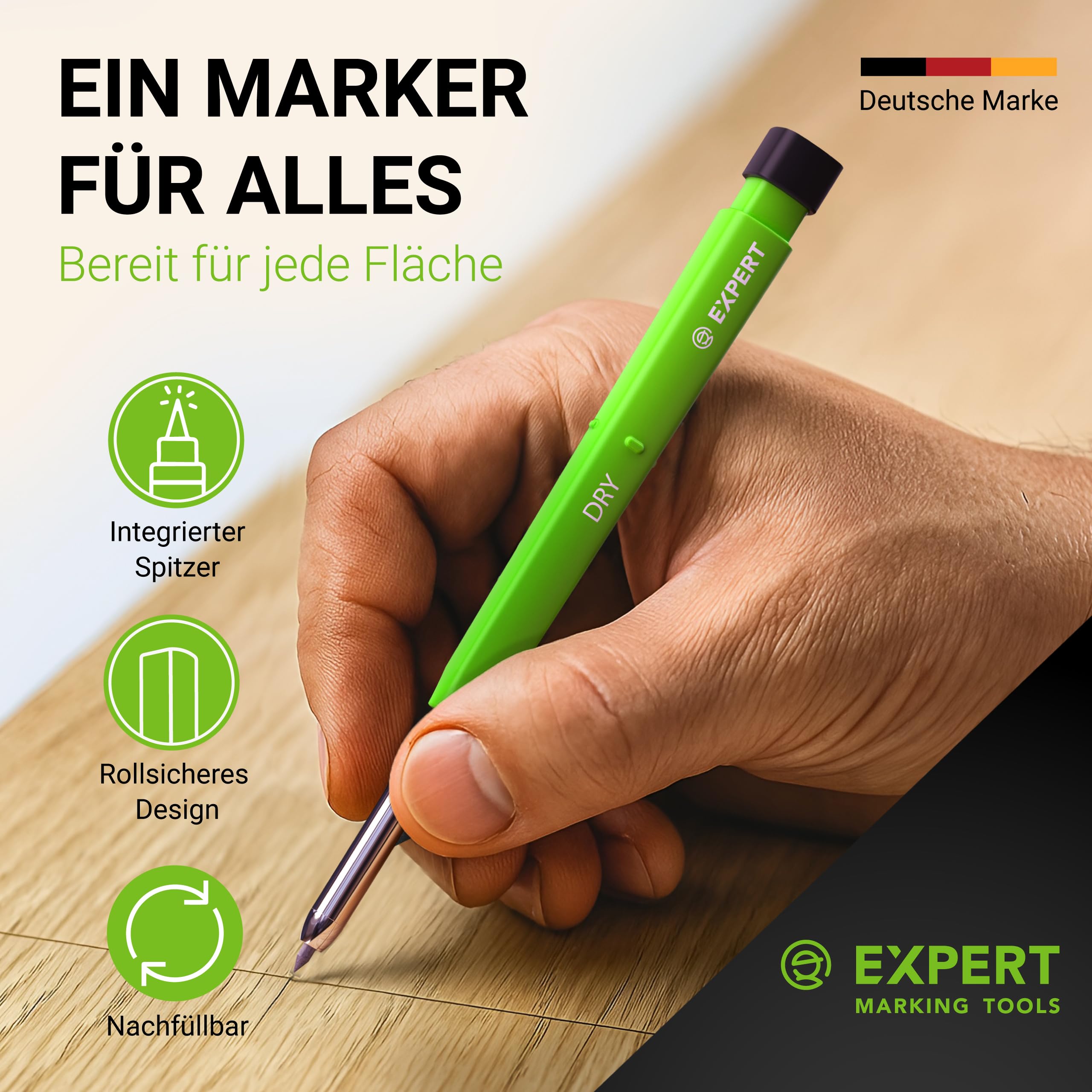 EXPERT DRY Zimmermannsbleistift inkl. 11 Minen | Mit integriertem Spitzer | Nachfüllbarer Tieflochmarker mit Graphit-Minen-Set | Handwerker Bleistift für Holz, Glas oder Metall | Bleistift Baustelle