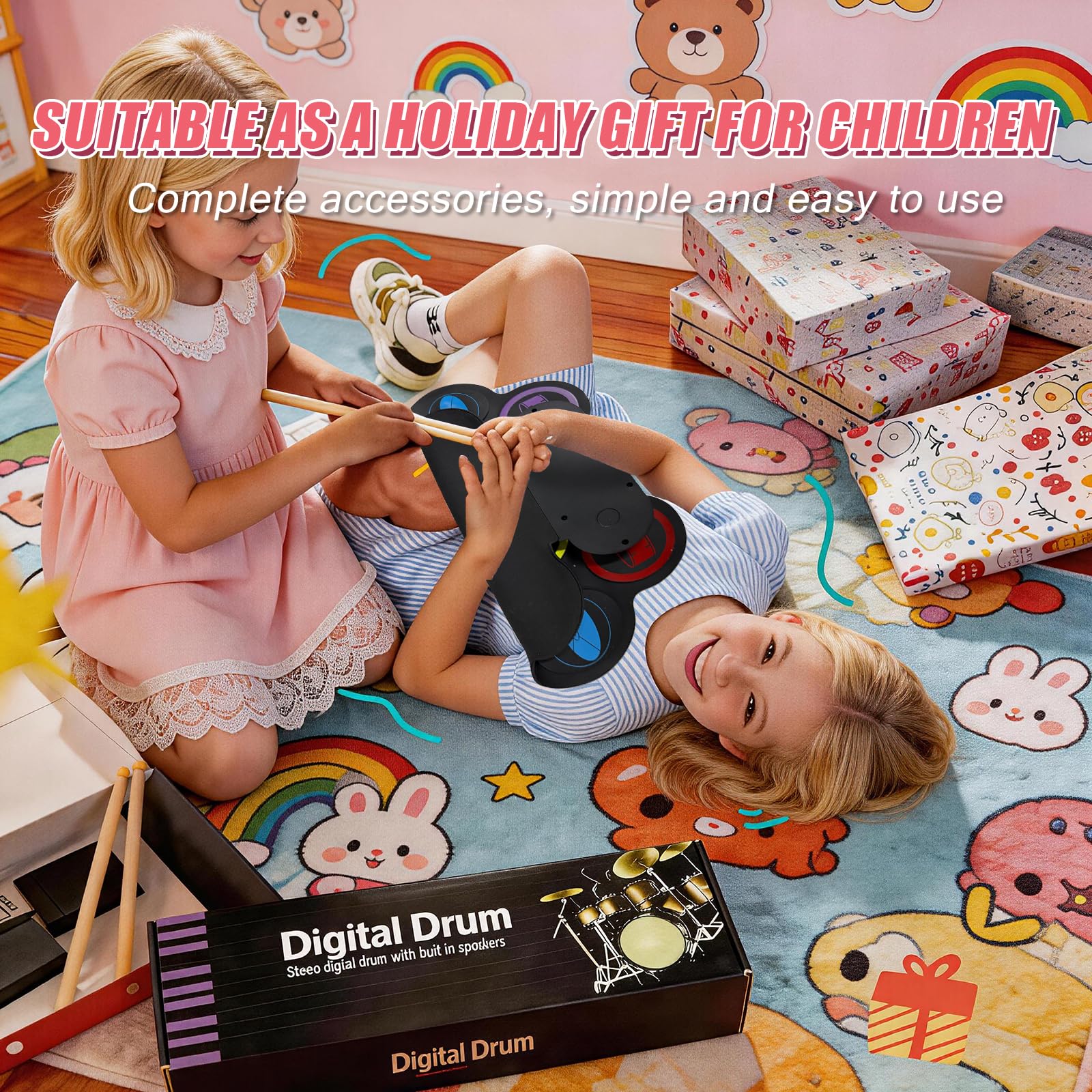 Batería electrónica plegable con 7 almohadillas, batería electrónica portátil con baquetas y altavoces dobles, ideal para niños y principiantes como regalo de cumpleaños o idea de regalo