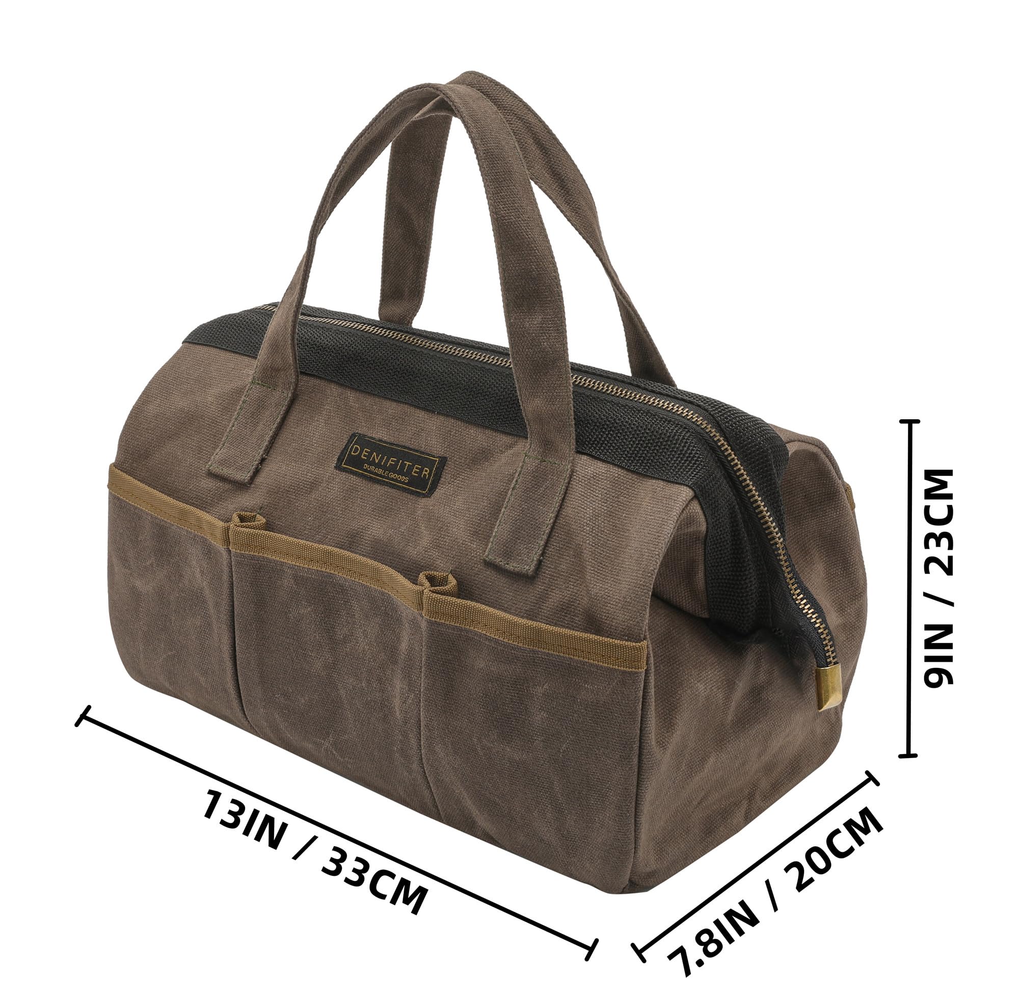 Tool Bag, 13-inch Heavy Duty 16oz Waxed Canvas Wide Mouth Water