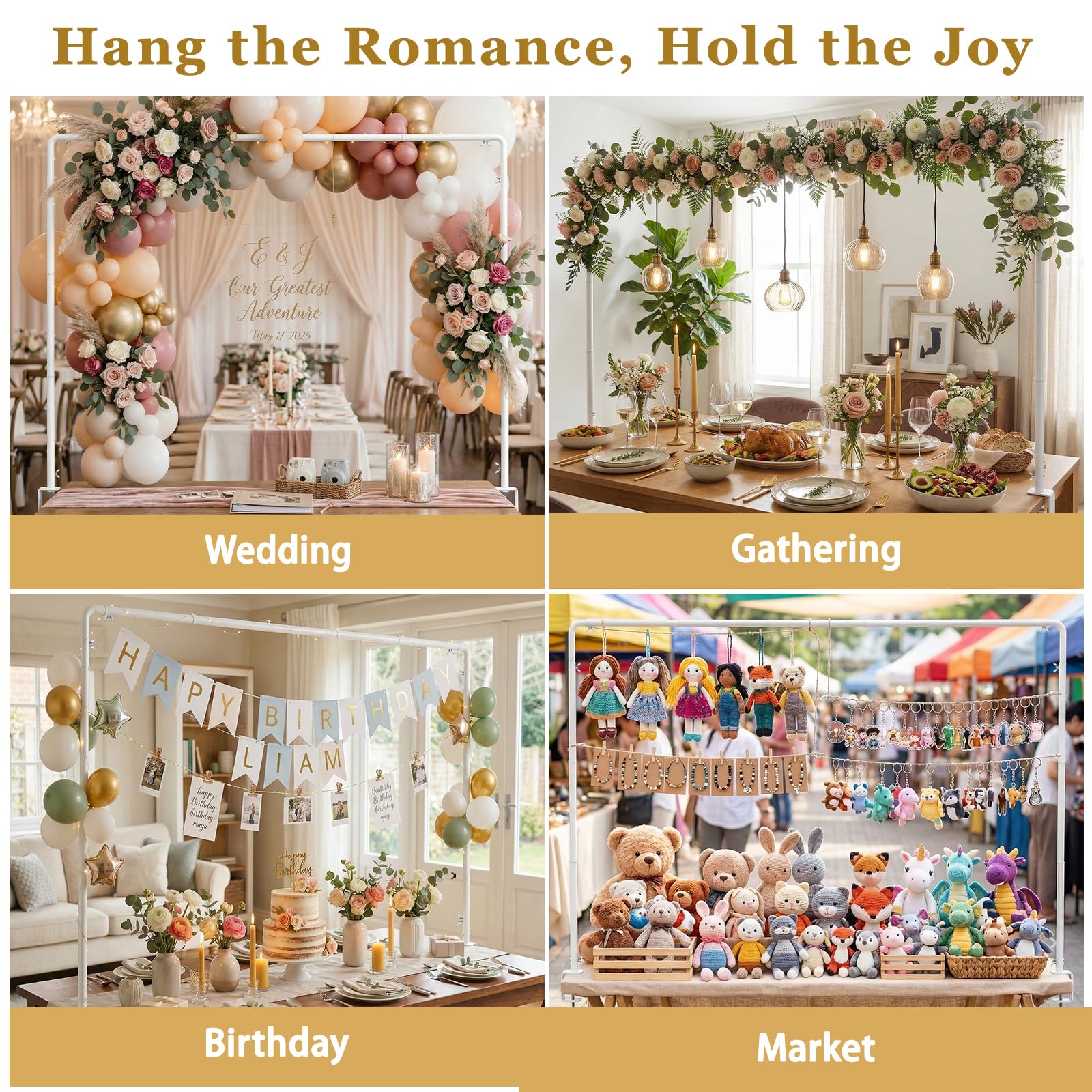 Lewondr Soporte Ajustable sobre la Mesa con Abrazaderas, Altura 87-127-167 CM, Longitud 88-287 CM, Soporte Arco de Globos de Mesa para Bodas y Cumpleaños, Blanca Decoración Colgante para Mesa