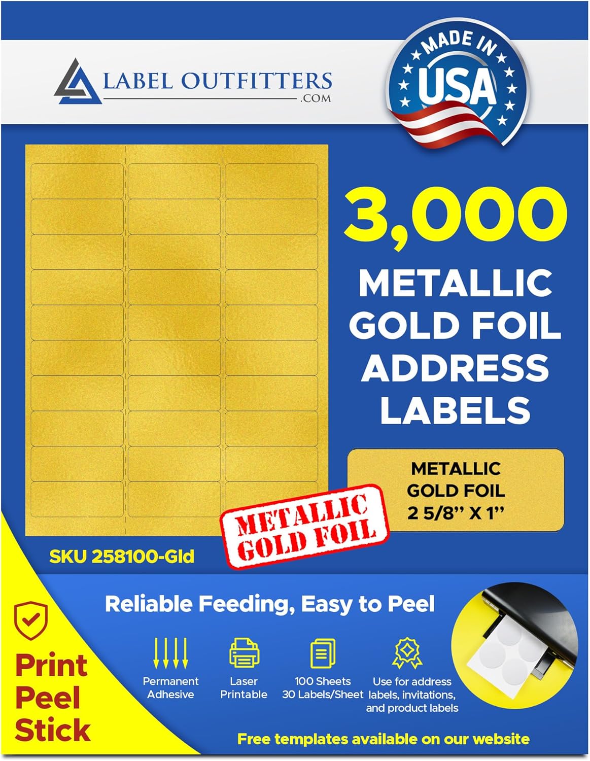 3,000 Label Outfitters 2 5/8” x 1” Printable Metallic Gold Foil Laser Permanent Adhesive Address Labels – 100 Sheets