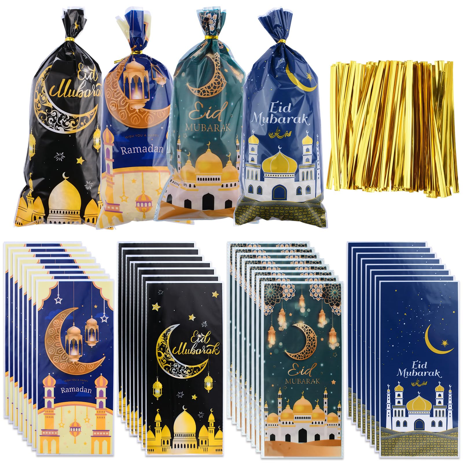 HICOHAND Eid Mubarak Party Treat Bags, 200pcs Eid Mubarak Gift Bags with Gold Twist Ties Ramadan Plastic for Candy Gifts Party Snack Cookie Packing Supplies