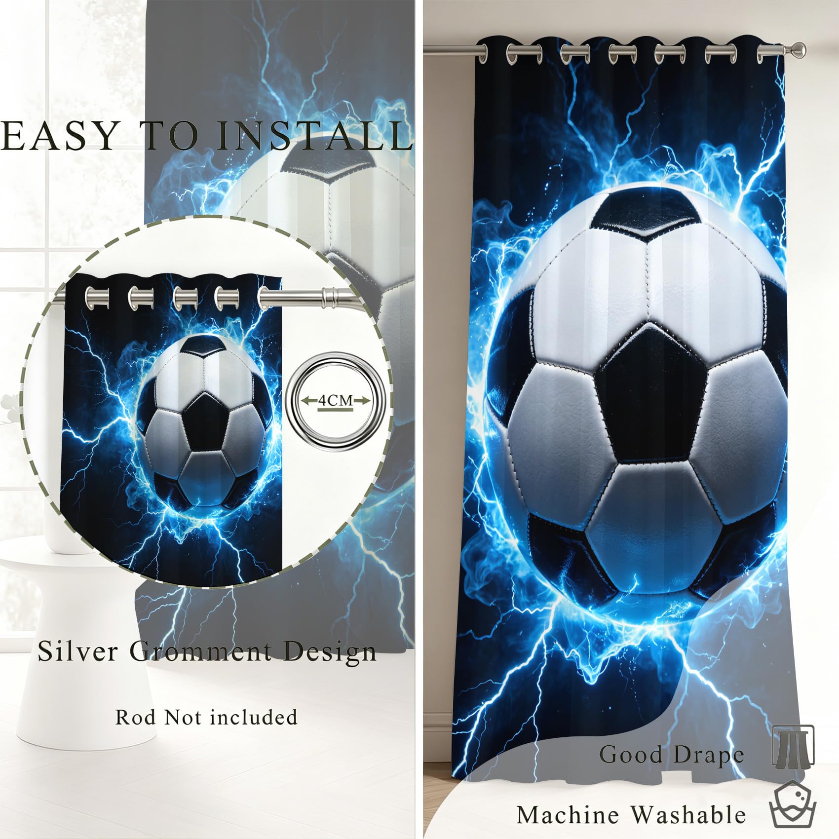 Lot de 2 Rideaux Occultants à Oeillets Football 100x200 cm, 3D Imprimé Rideau Occultant Thermique Isolant Opaque, Rideau Modèle de Football pour Salon Chambre Décoration Fenêtre C/1687
