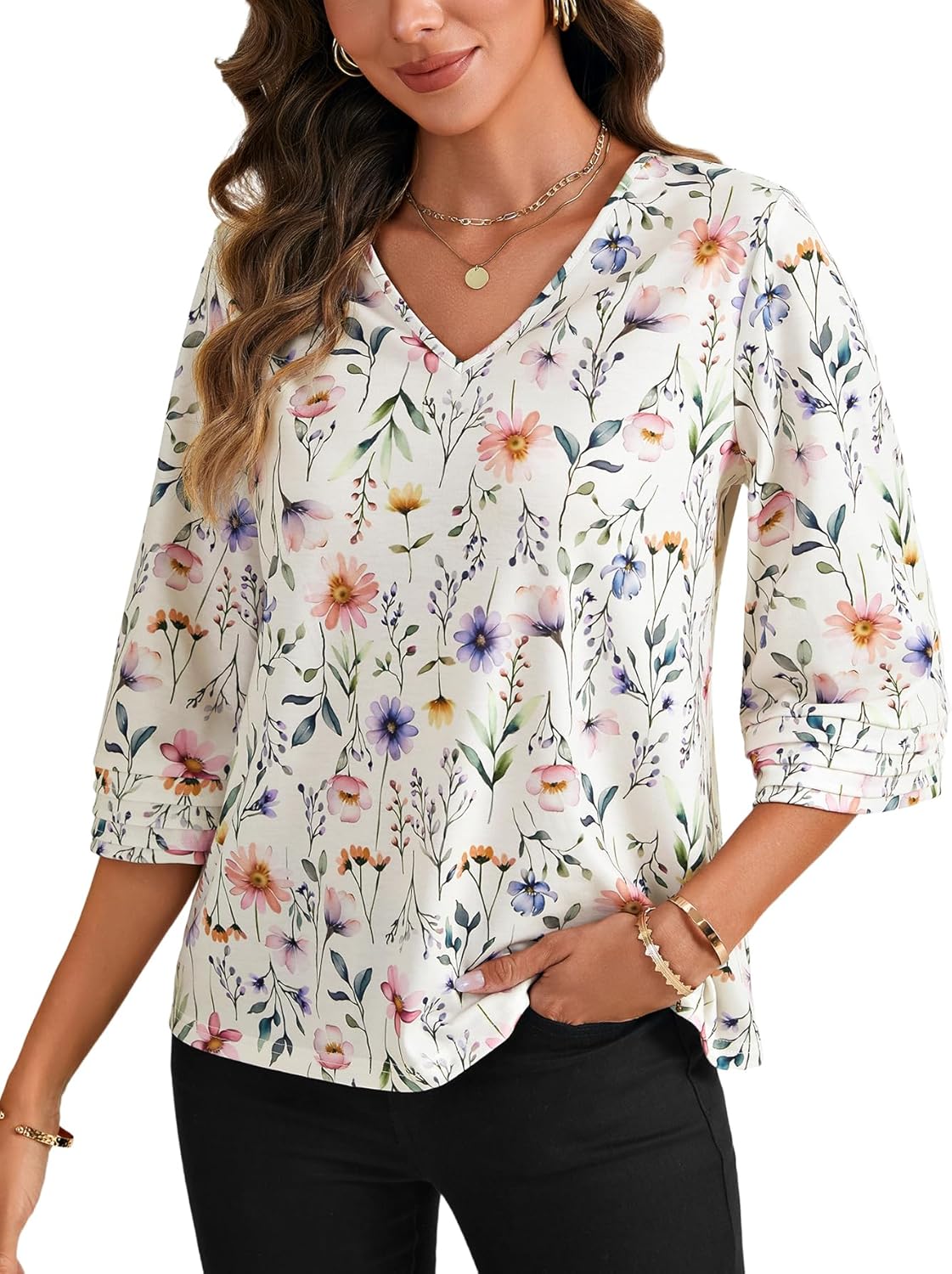 LYANER Women's Floral V Neck Pleated 3/4 Sleeve Loose Fit Dressy Casual Blouse Shirt Tops - Image 2