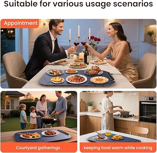 Miniatura 8 de Tapete de calentamiento de alimentos, bandeja calentadora eléctrica portátil con 3 ajustes de calor y patrones exquisitos, calor instantáneo,