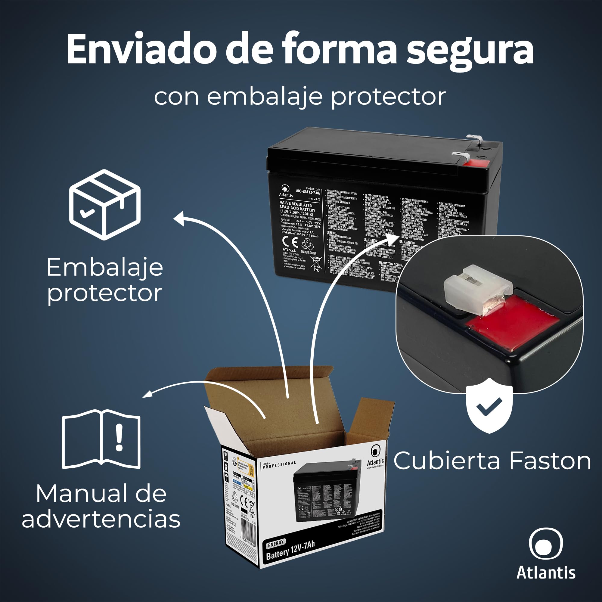 Atlantis batería de Plomo hermética (VRLA) 12 V 7 Ah, para Sistemas de alimentación ininterrumpida (SAI), videovigilancia, Alarma, Movilidad eléctrica, Juguetes, faston F2 6,3 mm, A03-BAT12-7.0A
