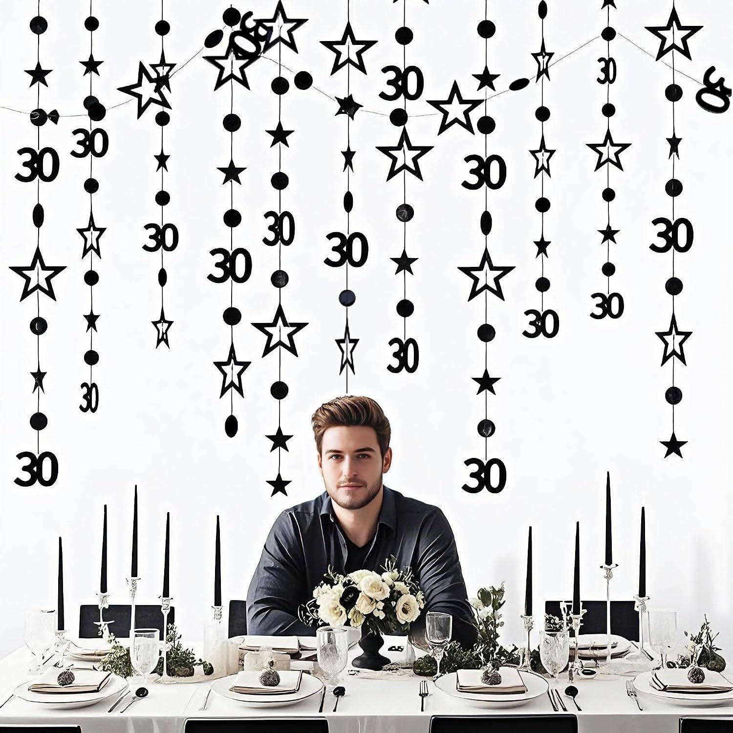 Black 30th Birthday Garland Black 30 Circle Dot Twinkle Star Streamer Hanging Bunting Banner Backdrop for Him/Her 30 Years Old Birthday Party Decorations 30 Feet