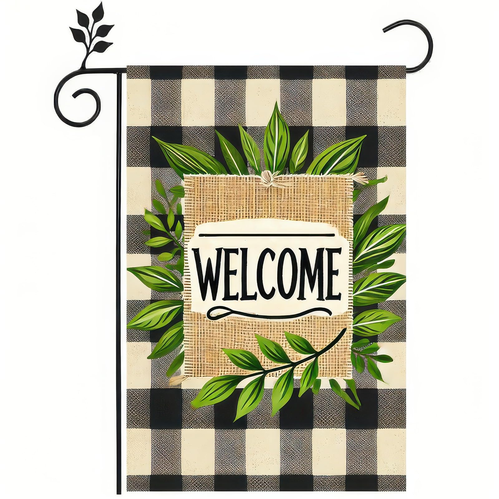 BlissYard Spring Garden Flags 12x18 Double Sided Springs Flag Rustic Welcome Design with Greenery and Buffalo Plaid Accents Front Porch Decor Outdoor
