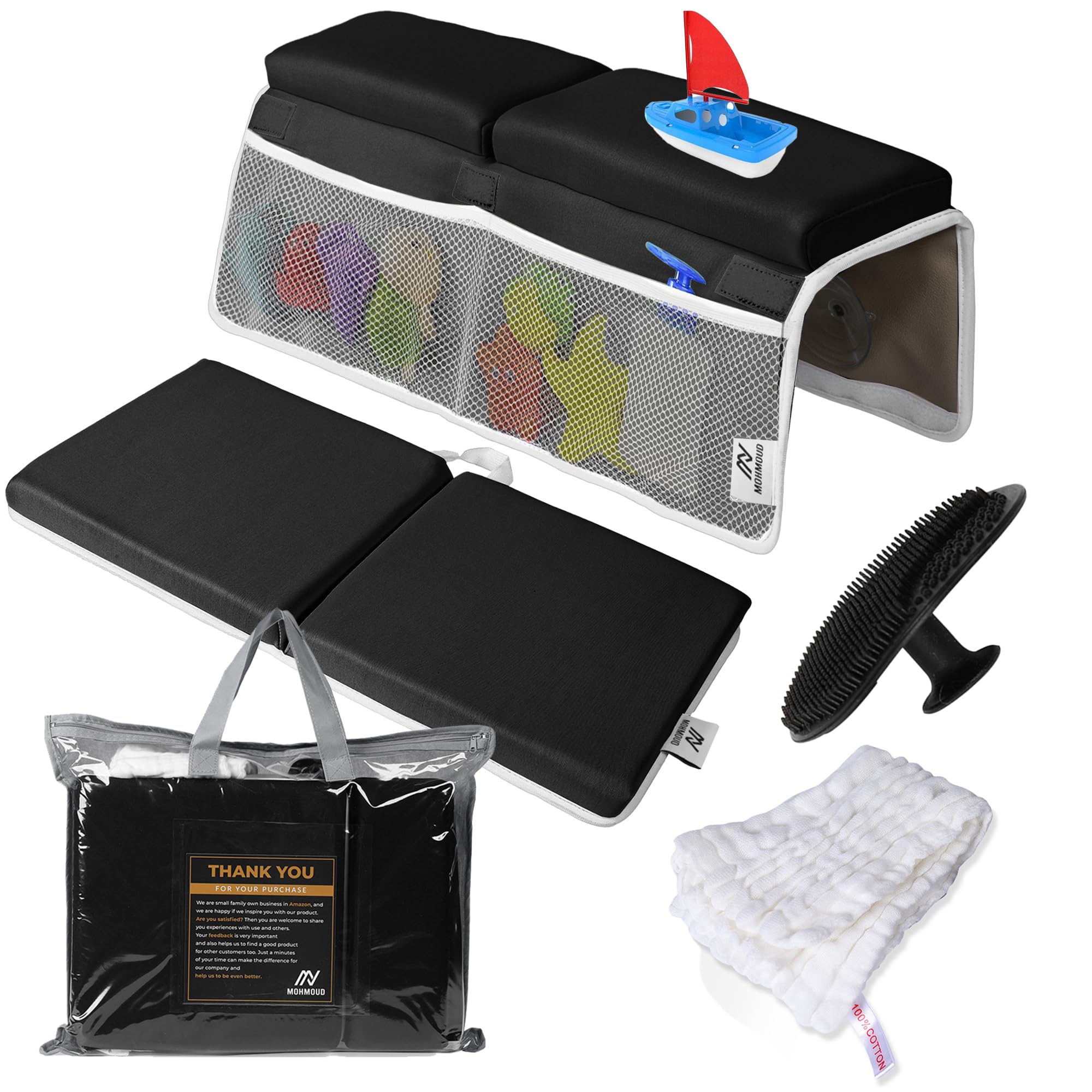 Juego de rodilleras y reposabrazos para baño Mohmoud para bebé: acolchado extra grueso para rodillas y brazos | Lavable a máquina | Incluye toallita y cepillo de regalo | Ventosas y bolsillos | Diseño antideslizante
