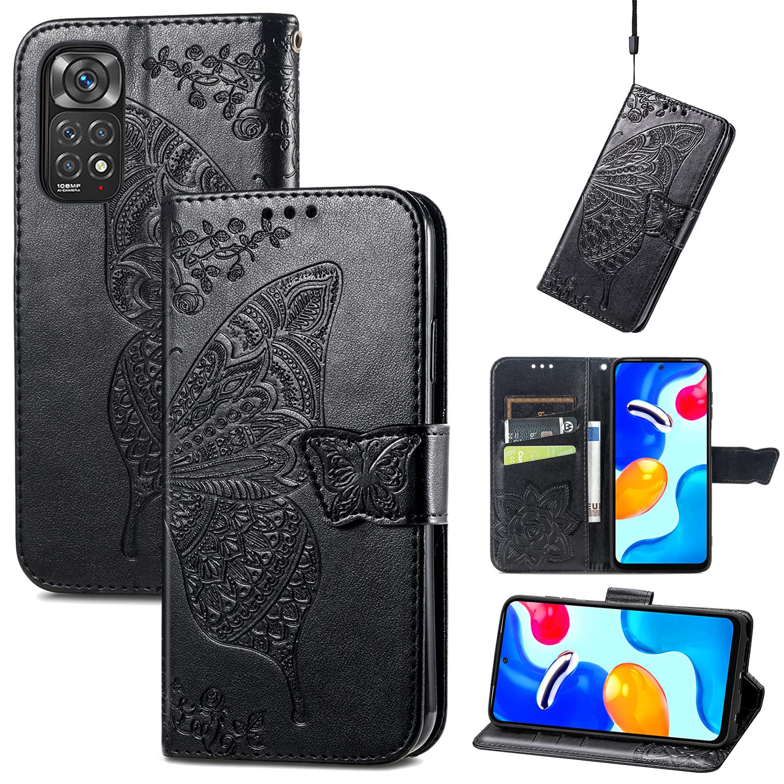 Case for Redmi Note 11 / Redmi Note 11S 4G, Leather Wallet Case Flip Cover with Butterfly Embossed Pattern [Card Holder] [Magnetic Closure] [TPU Inner Shell] for Redmi Note 11S 4G, Black