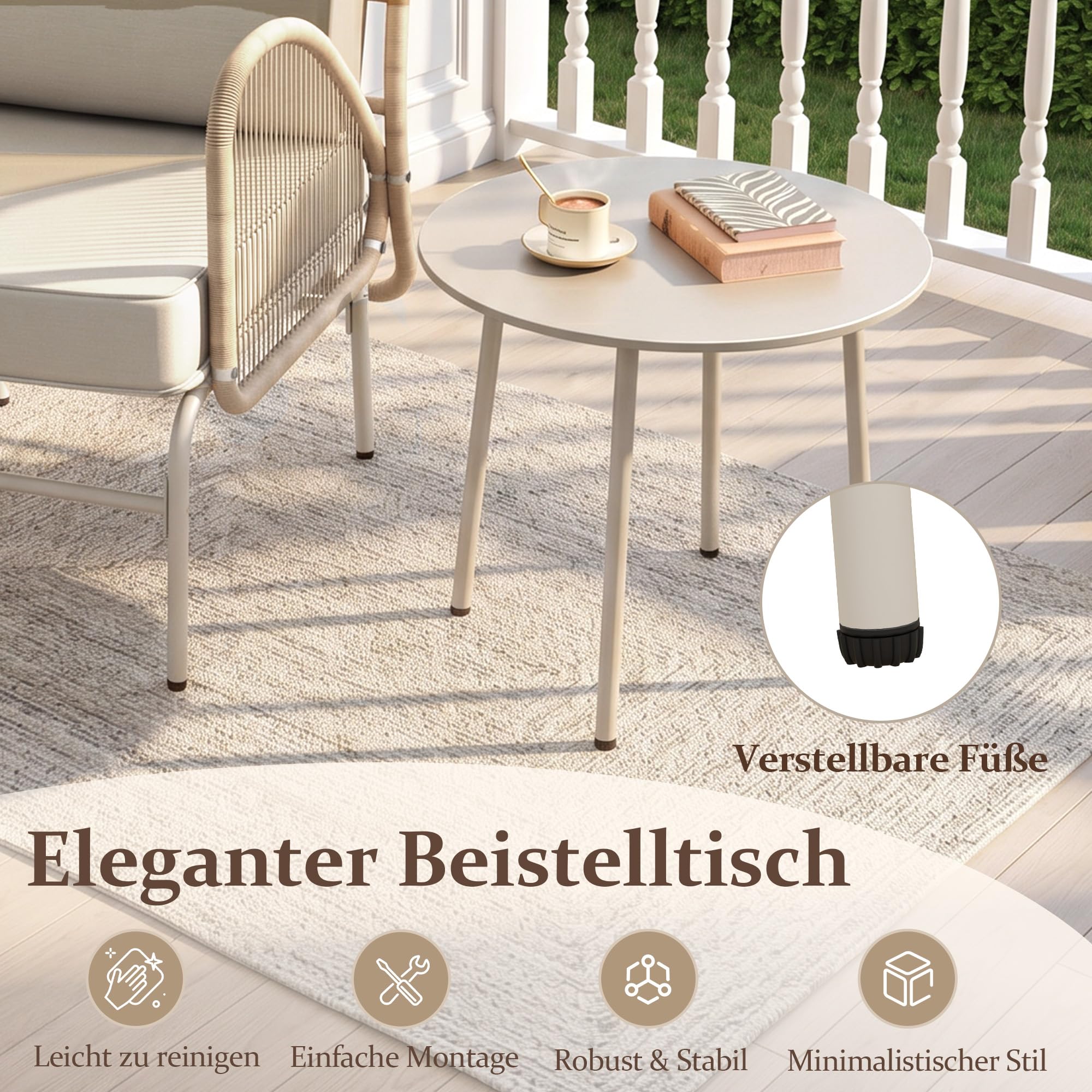 ALAULM 3-teiliges Rattan-Sitzgruppe, Outdoor Garten-Relaxsessel mit Hocker und rundem Couchtisch, Gepolstertes minimalistisches Bistro-Set für Balkon, Garten, Hinterhof & Terrasse (Khaki)
