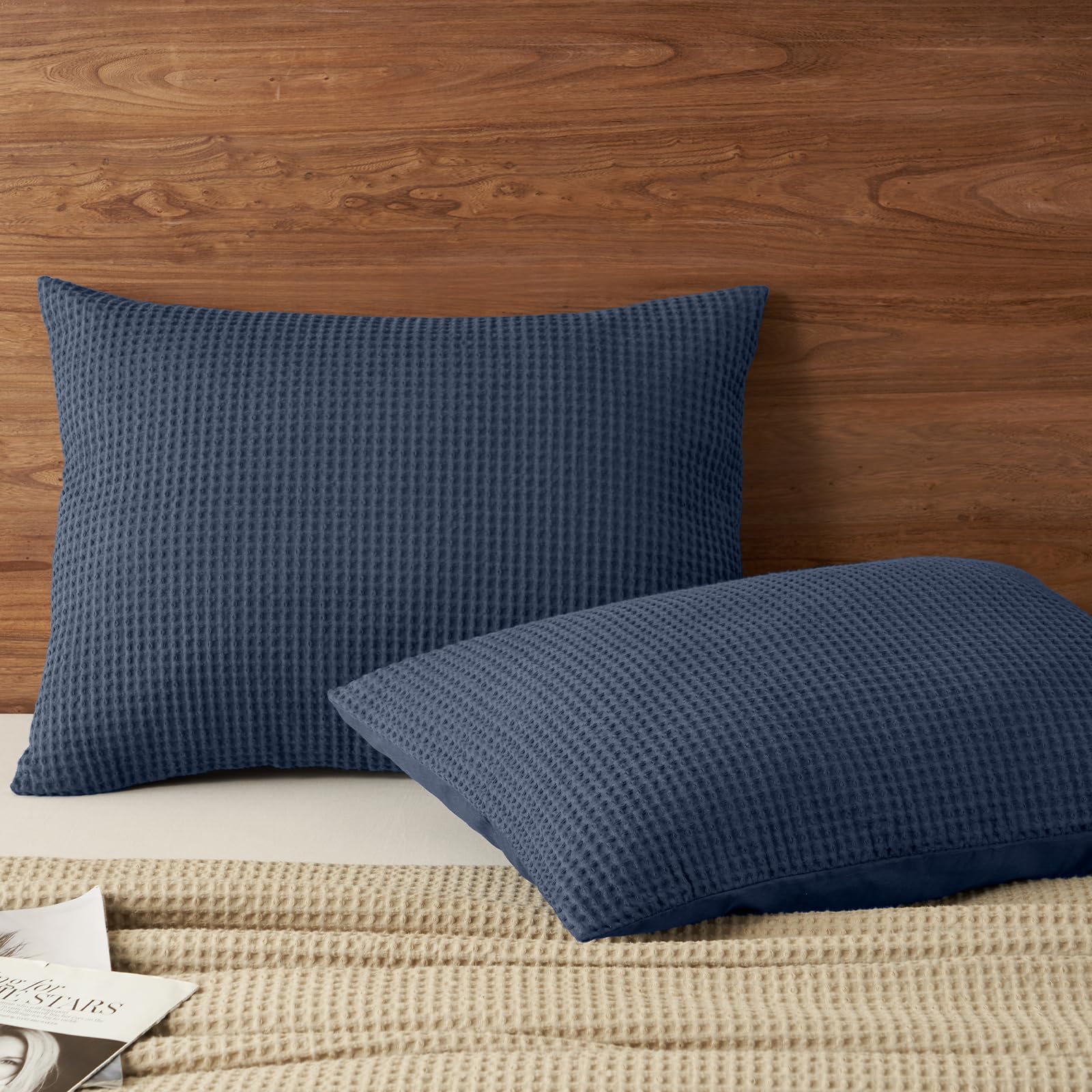 phf 100% cotton waffle pillow shams king size, 2 pack 20" x 36" soft skin-friendly and breathable pillowcases, no filling, aesthetic woven waffle weave pillow covers for bed, dark navy