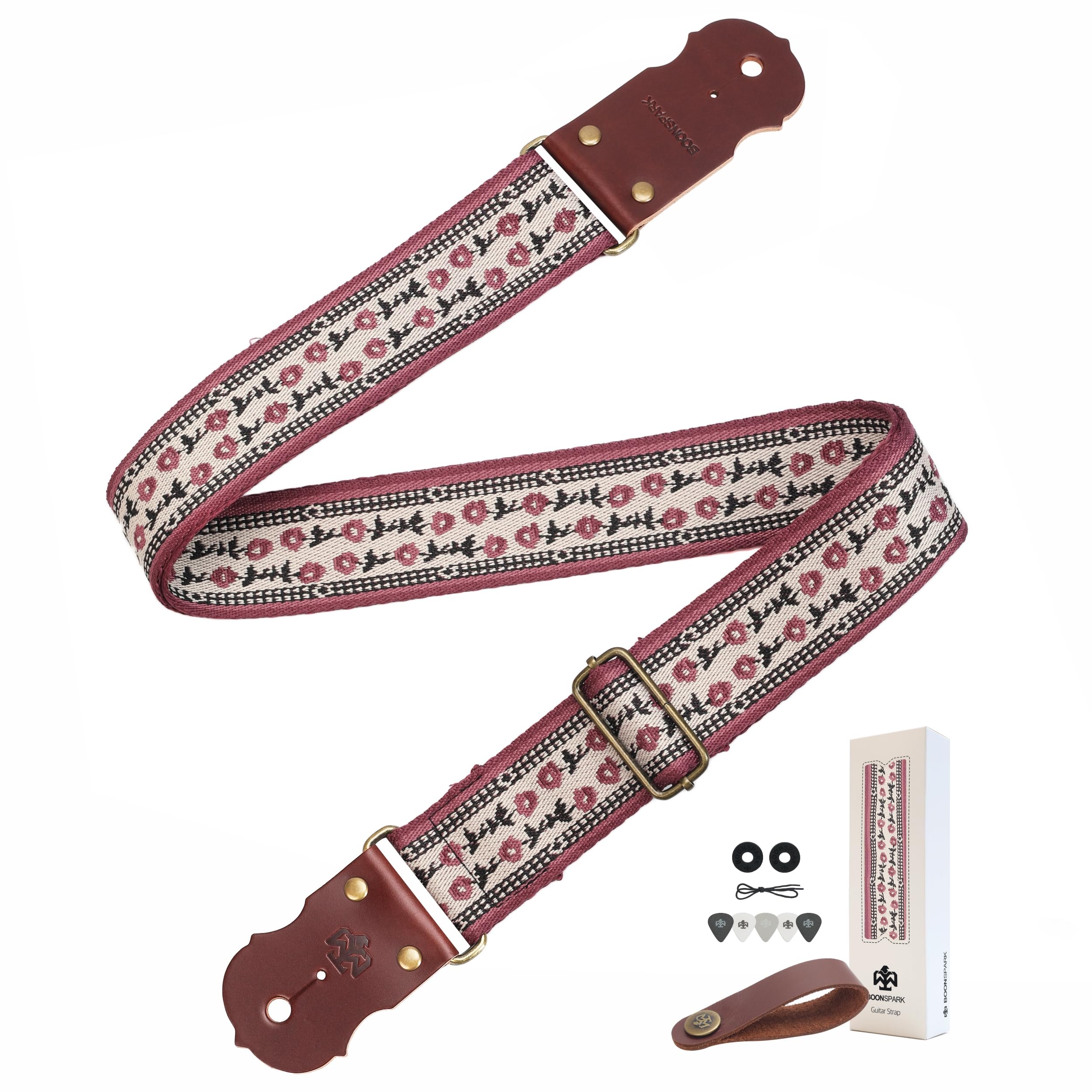 Guitar Strap, Jacquard Embroidery Guitar Straps with Top Real Cowhide Ends Guitar Straps for Electric,Bass and Acoustic Guitars(Fresh Floral)