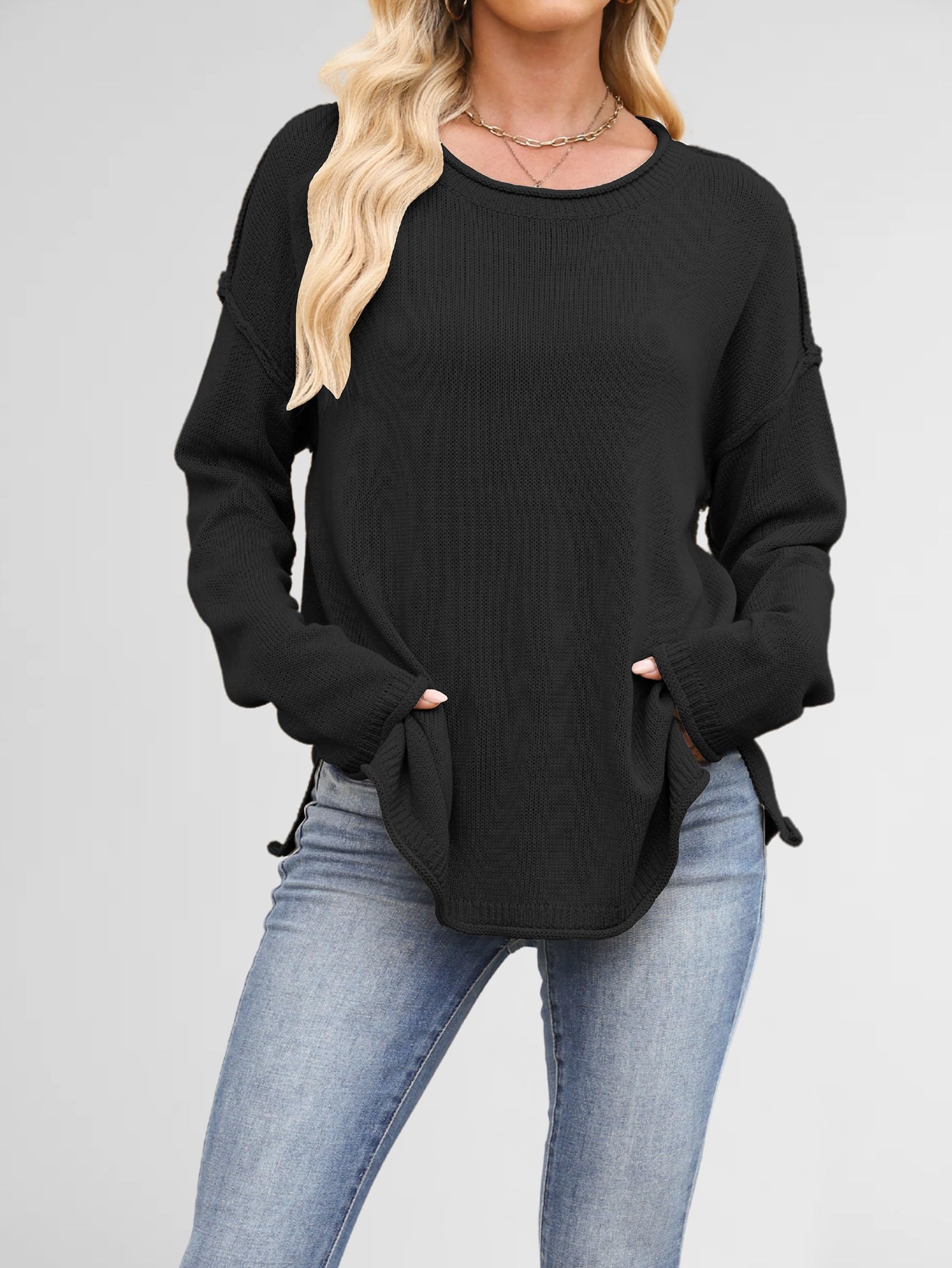 Luźne Swetry Damskie, Luźne, z Długim Rękawem i Okrągłym Dekoltem, Dzianinowe, Przytulne, Swetry Pullover Czarny S