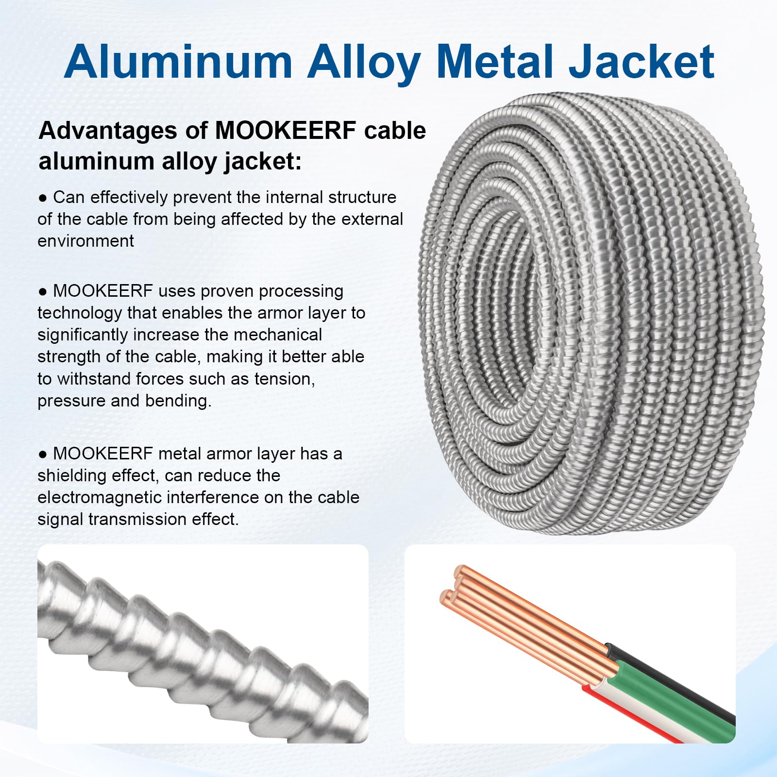 MOOKEERF Kabel MC 10/3 z uziemieniem – 1,5 m czysta miedź 10AWG/3 drut platerowany metalem z aluminiowym pancerzem 10 Gauge, 3-żyłowy kabel MC Alum