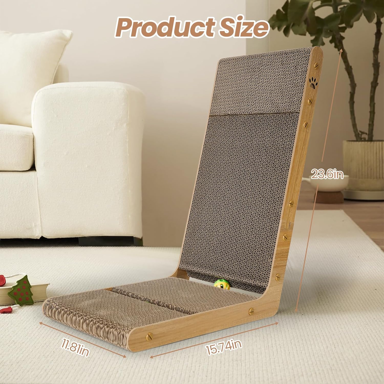 2-Pack Cardboard Cat Scratcher, 105° Tilt Angle Cat Scratching Board, 23.60 Inch L-Shape Cat Scratch Pads with Built-in Catnip Toy Balls, Cat Scratchers for Indoor Cats