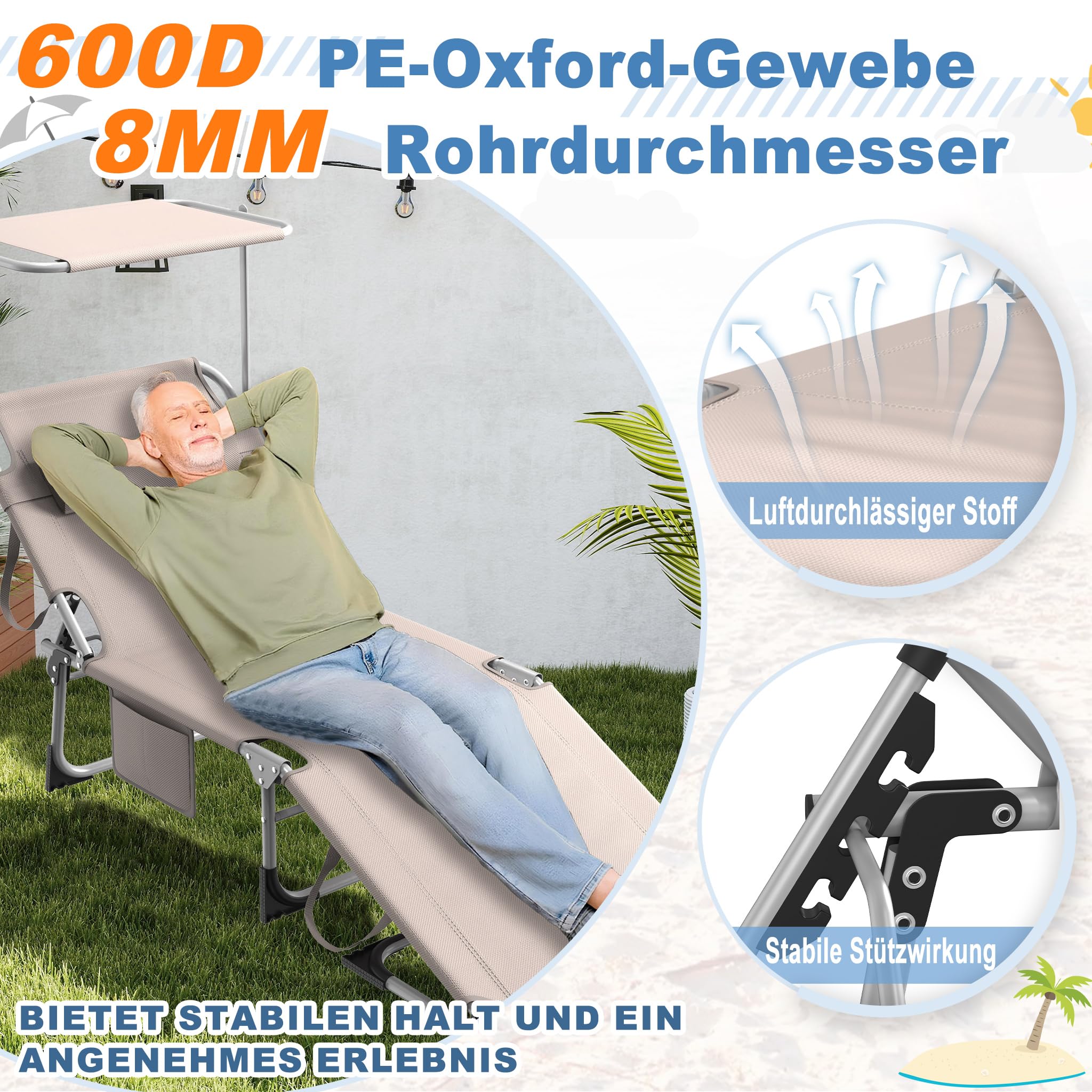 YRHome Leżak ogrodowy z dachem, leżak ogrodowy z poduszką pod głowę, składane oparcie, ochrona przed słońcem do 100 kg, na plażę, kemping, balkon, taras, khaki