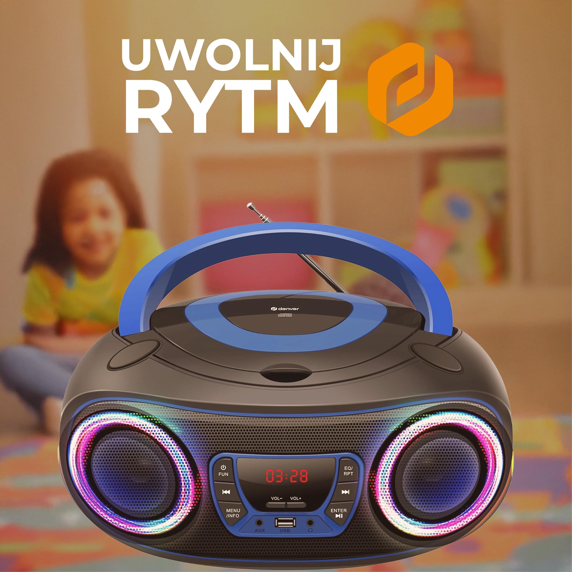 Denver TCL212BT radio z Bluetooth, radio Bluetooth z efektami świetlnymi, przenośny odtwarzacz CD, AUX, USB, niebieskie