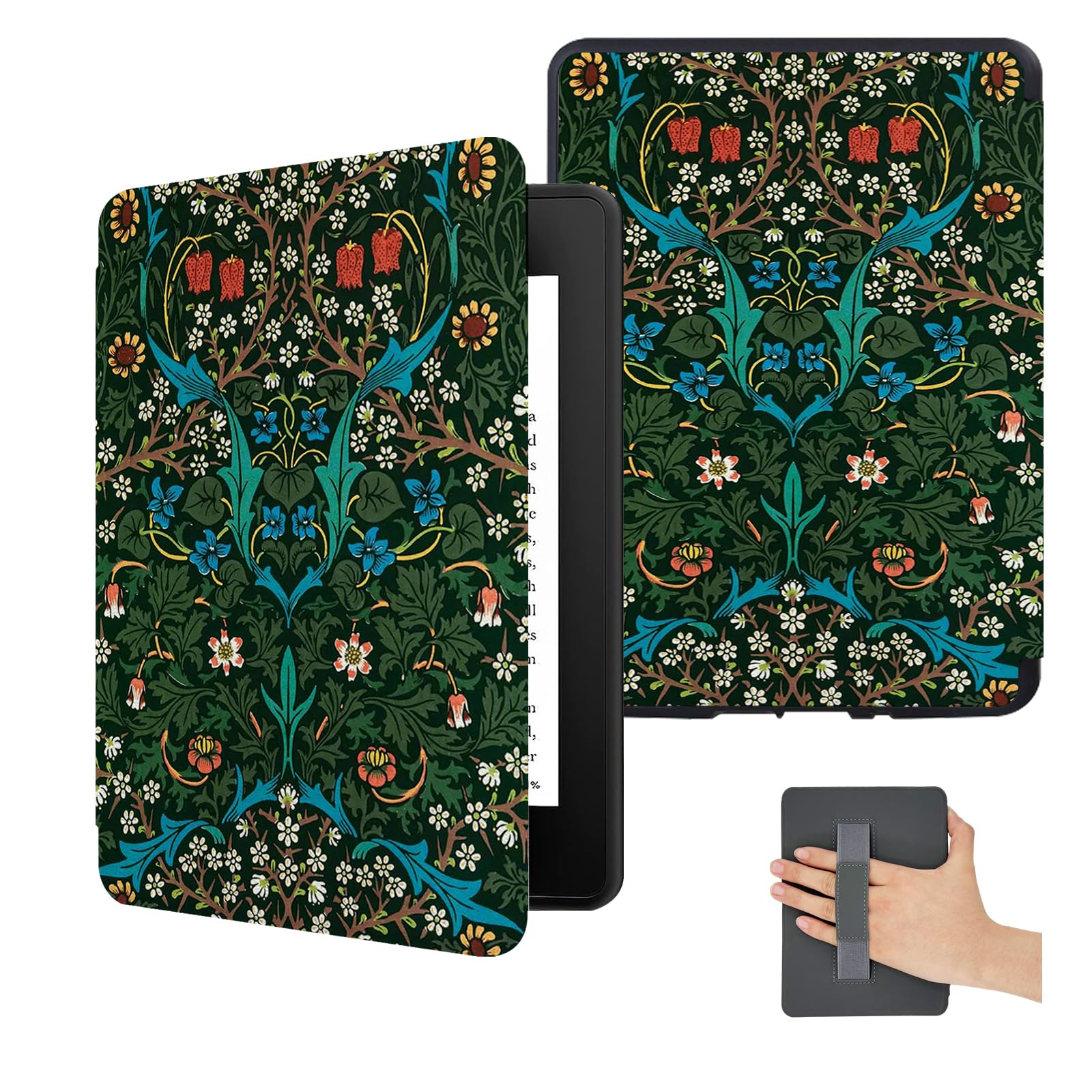 Schutzhülle für alle Kindle 15,2 cm (6 Zoll) Kindle 2024 und 2022 (11. Generation), niedlich, schlank, leicht, mit Handschlaufe, PU-Leder mit grünem Blumenmalerei-Design, William Morris