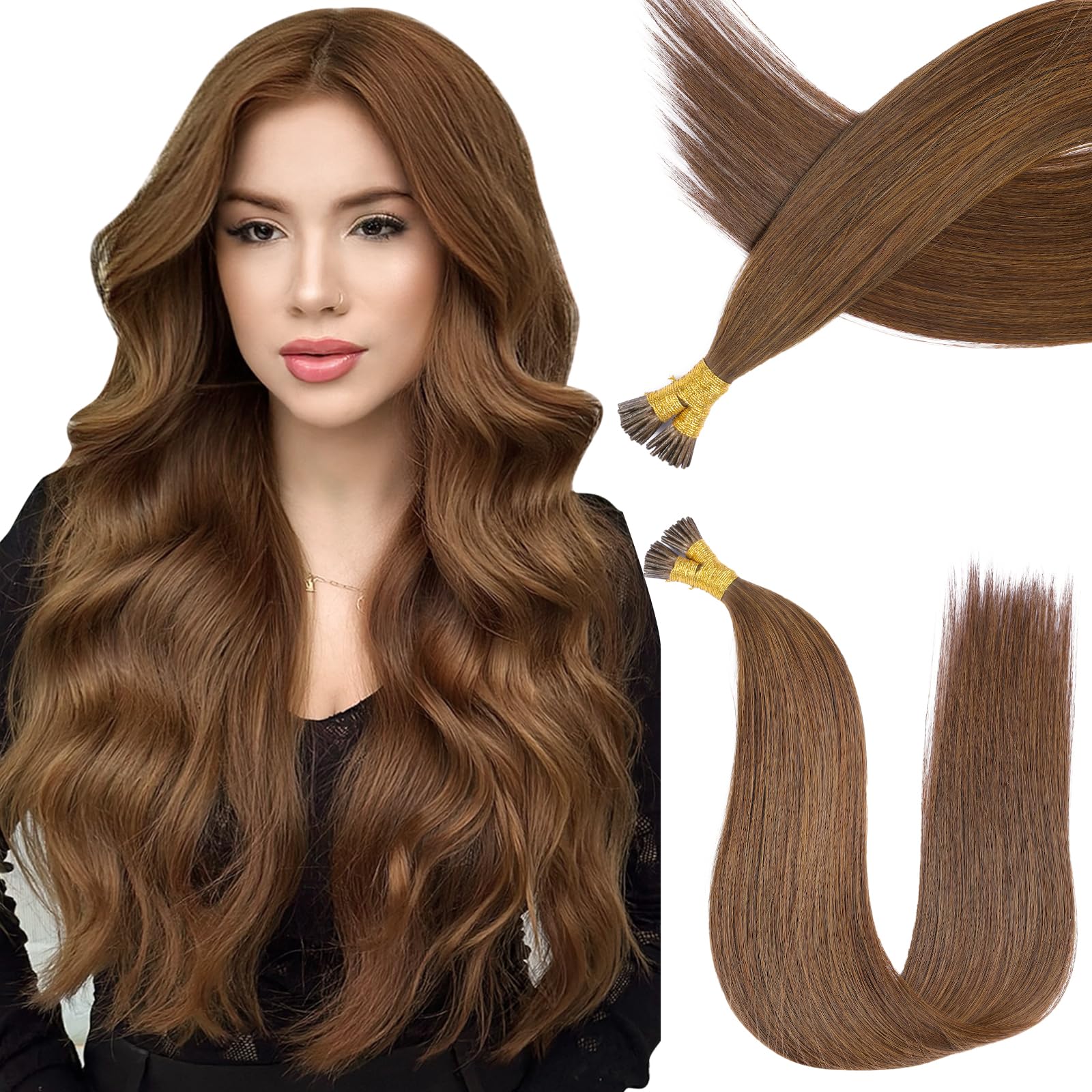 KiiKiiGirl Virgin I Tip Hair Extensions Human Hair 20 Inch #4 Chocolate Brown Itip Human Hair Extensions Invisible Silky Straight 30g/30s