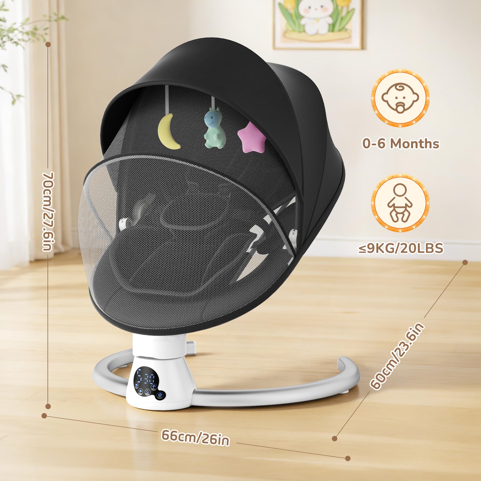 Hamaca Eléctrica para Bebé con Mando a Distancia y App,Mecedora con 5 Velocidades de Balanceo,3 Temporizadores,Arnés de 5 Puntos,2 Posiciones del Asiento,Silla Mecedora para 0-9 kg de Bebé-Negro