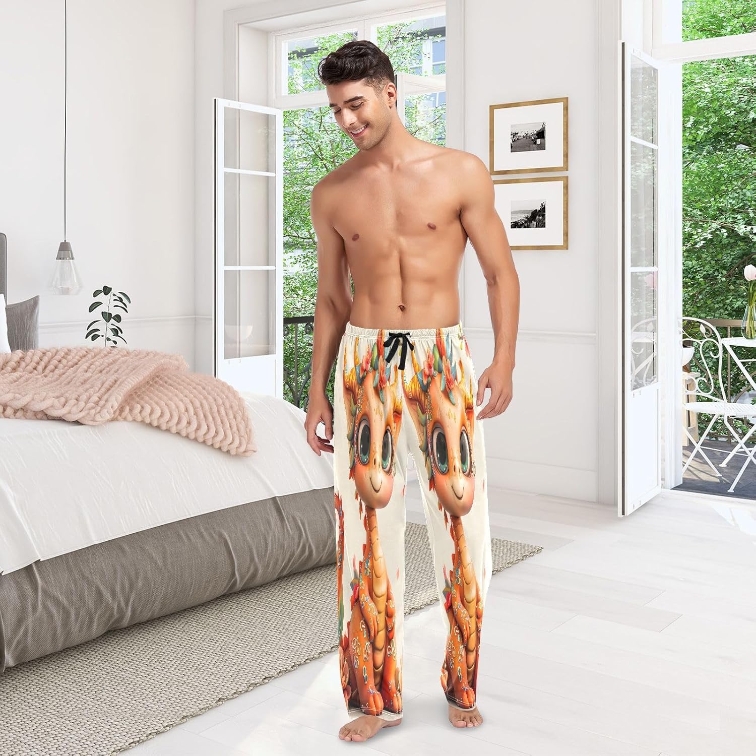 ALAZA Cute Dragon Cherry Blossom Men's Pajama Pants Men Cotton Pajama Bottoms with Pockets, S