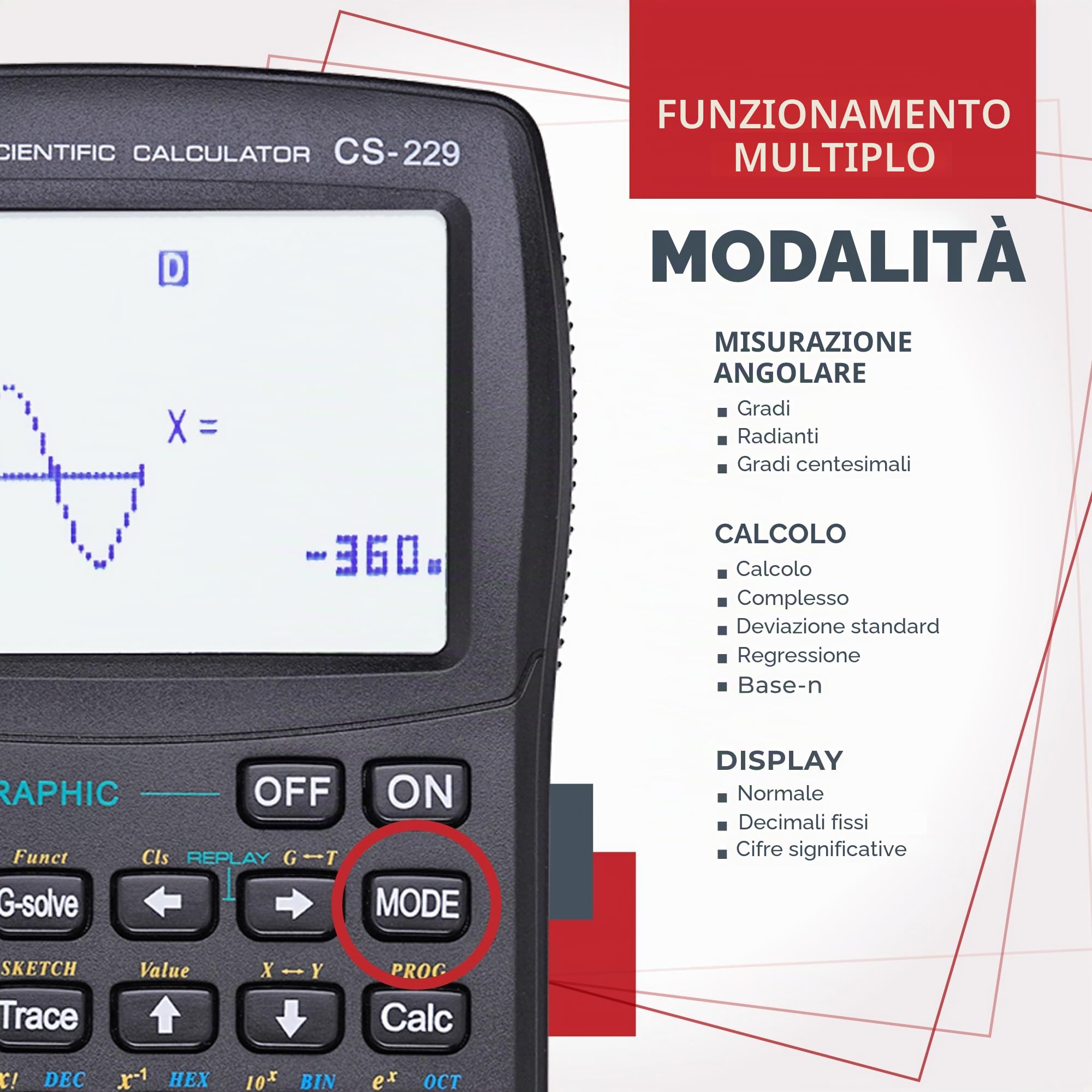CATIGA Calcolatrice scientifica con funzioni grafiche, modalità multiple con interfaccia utente intuitiva per principianti e corsi avanzati, liceo o università, CS-229