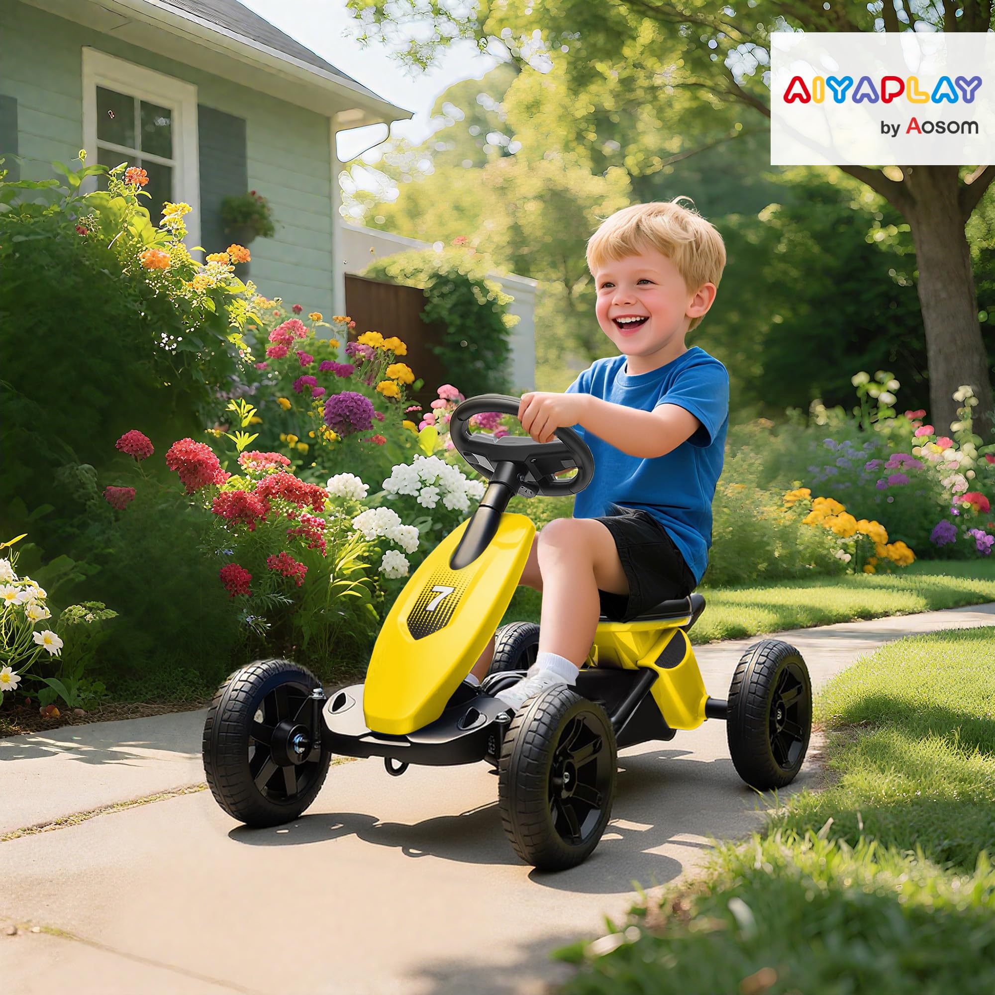 AIYAPLAY Go Kart a Pedales para niños, Coche de Carreras para niños con neumáticos EVA silenciosos, para 2-5 años, Amarillo