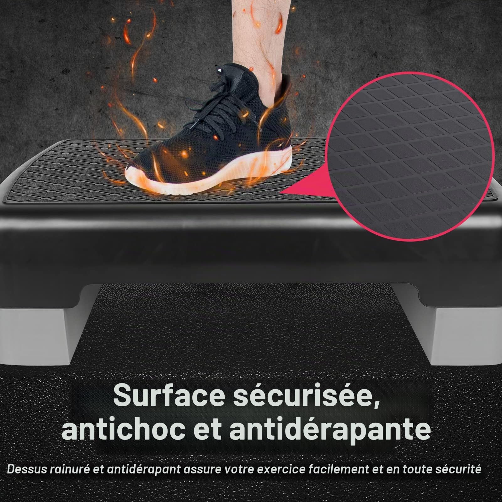 Stepper à 2 niveaux réglables en hauteur pour entraînement aérobic et fitness avec 2 rehausseurs réglables de 10 cm à 15 cm