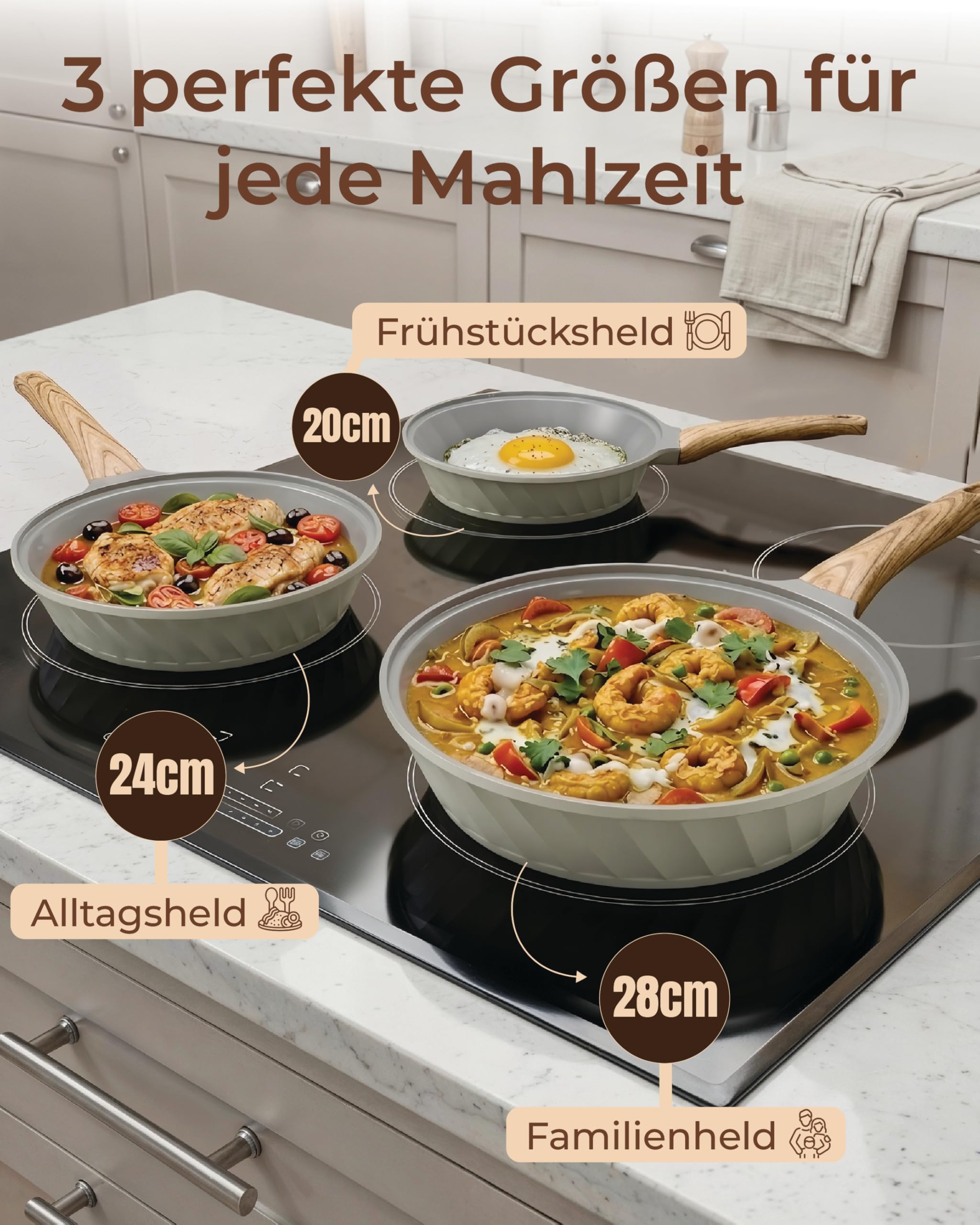 3-teiliges Keramik Antihaft Pfannenset 20/24/28 cm Hitzebeständig, PFOA & PTFE-frei, Induktion Geeignet, Keramik Beschichtung Bratpfanne, Bakelitgriff für Gesundes Kochen