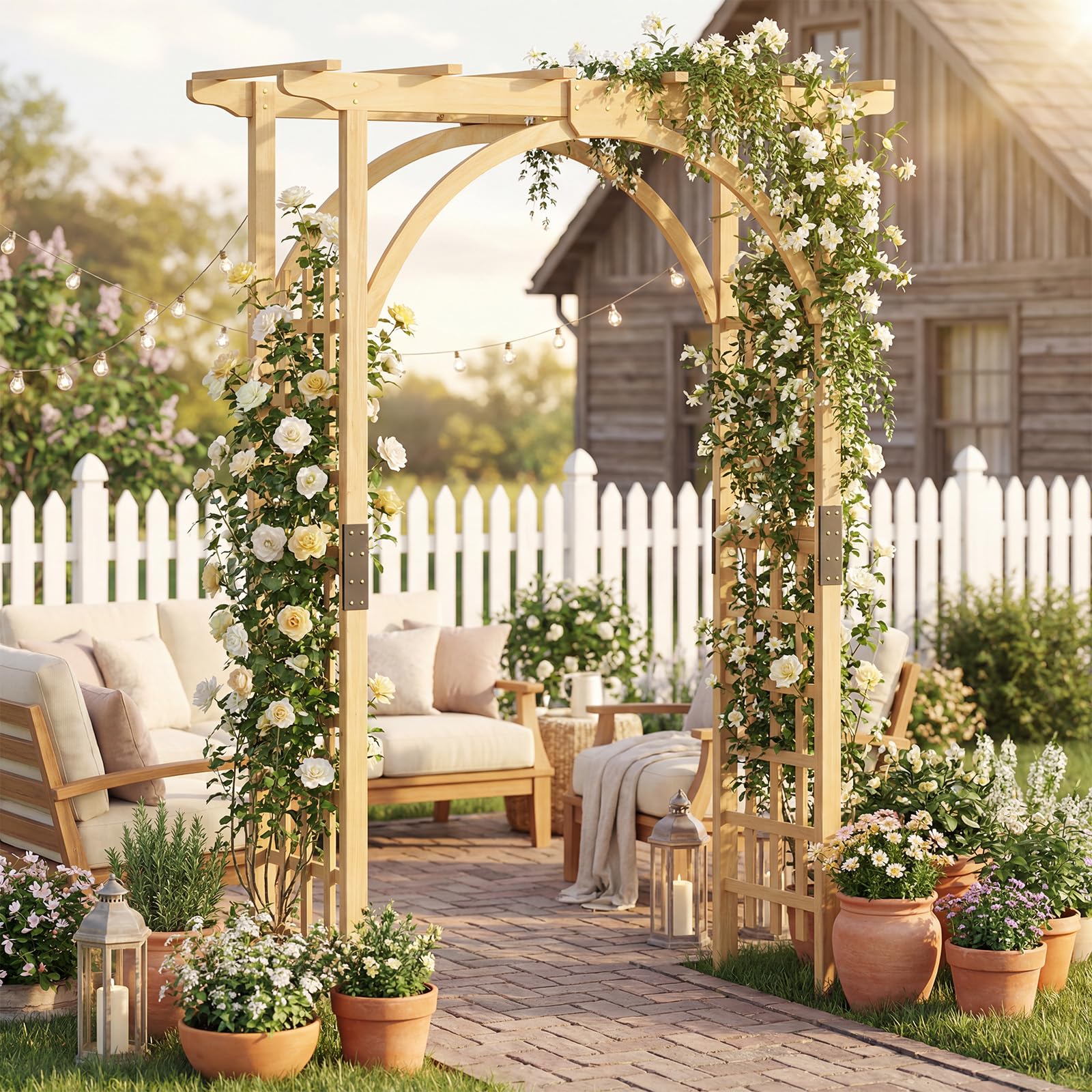 HOMASIS Gartenbogen Holz, Rosenbogen für Rosen & Kletterpflanzen, Rankhilfe für Hochzeit Garten Partys, Rankgitter Spalier Torbogen Rosengitter Pflanzenstütze mit Dach (Natur, 160 x 60 x 216 cm)