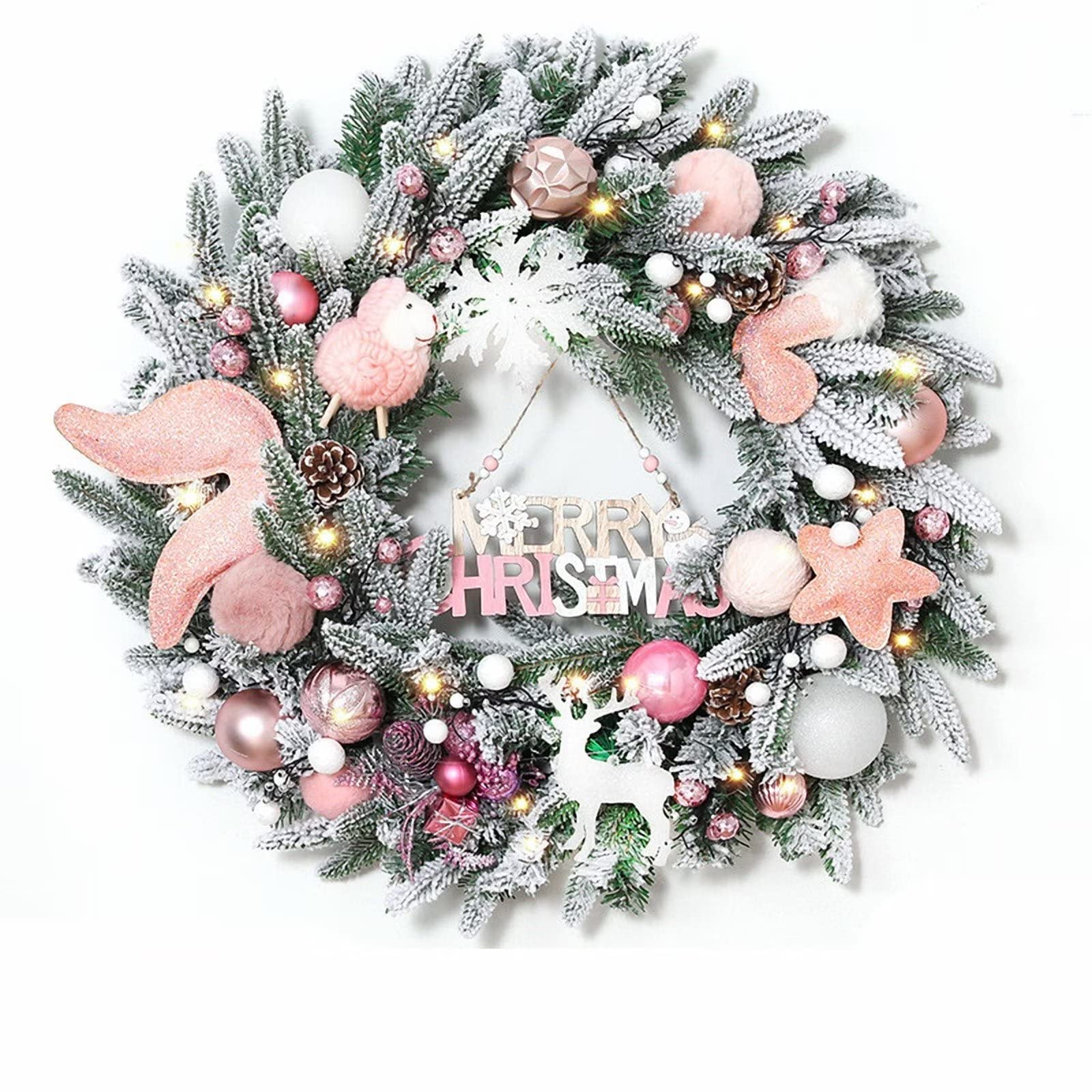Guirnalda de Navidad de 24 pulgadas, corona artificial para puerta delantera con bola de Navidad, cono de pino, reno, calcetín de piña, decoración de puerta de Navidad, decoración de pared para
