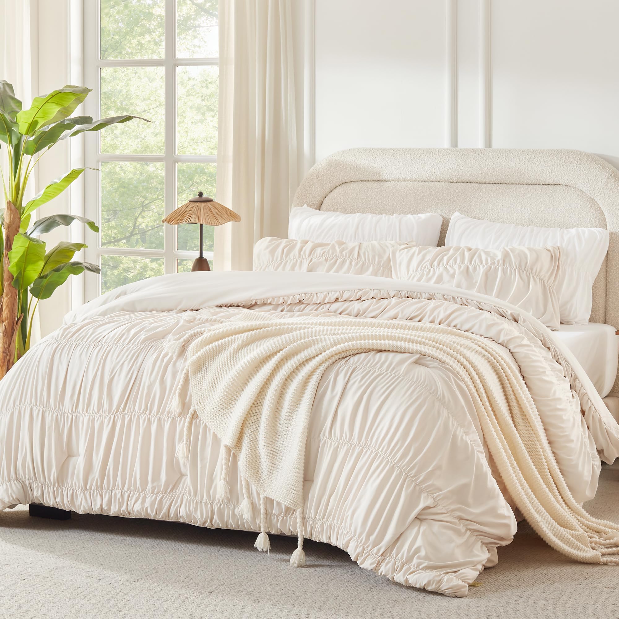Andency Ruched Beige California King Comforter Set, Boho Ruffle 3 Pieces
