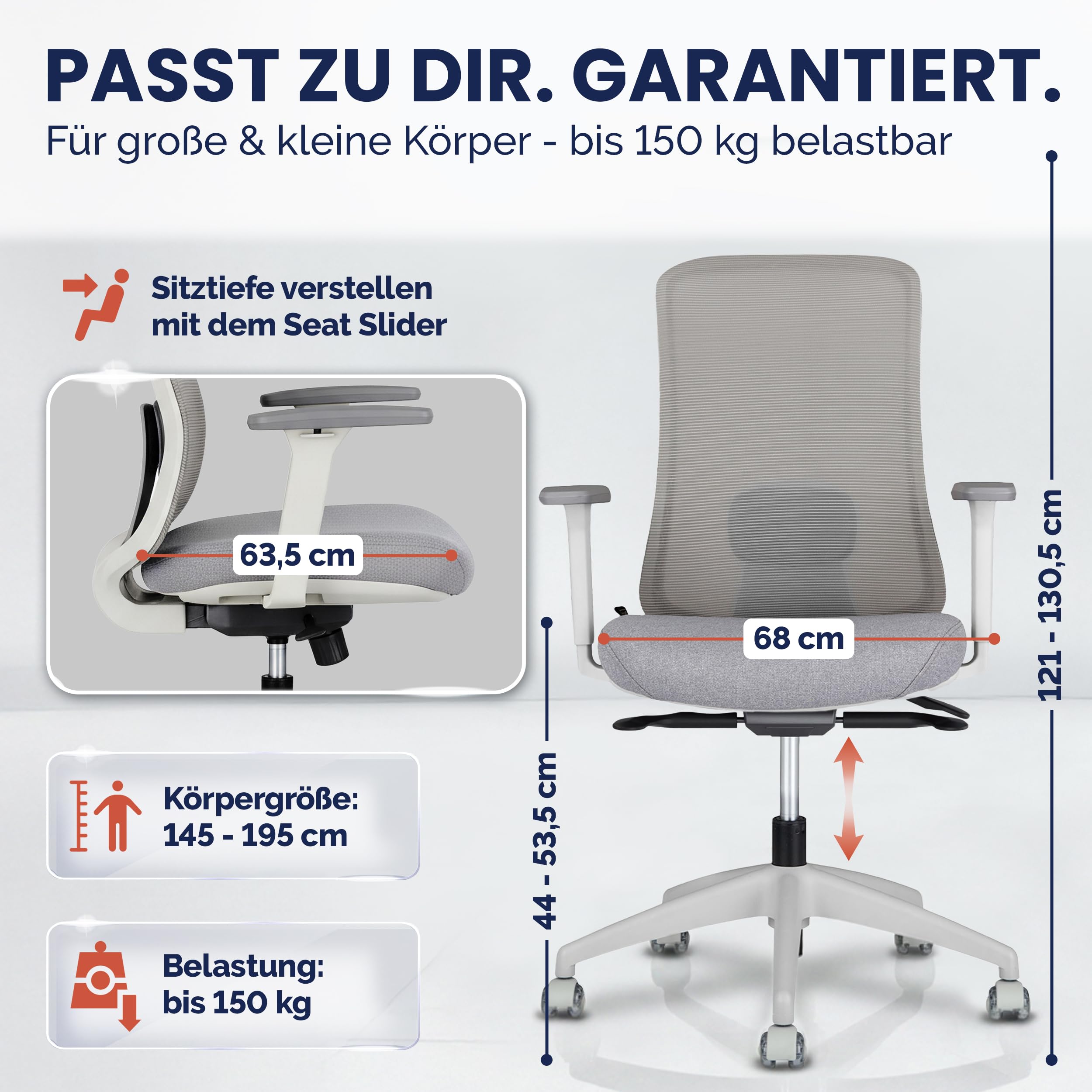 ErgoPrime PRO Bürostuhl ergonomisch TESTSIEGER - IGR Zertifiziert - Schreibtischstuhl 100% individuell einstellbar - Home Office Chair Drehstuhl - Bürostuhl 150 kg Grau