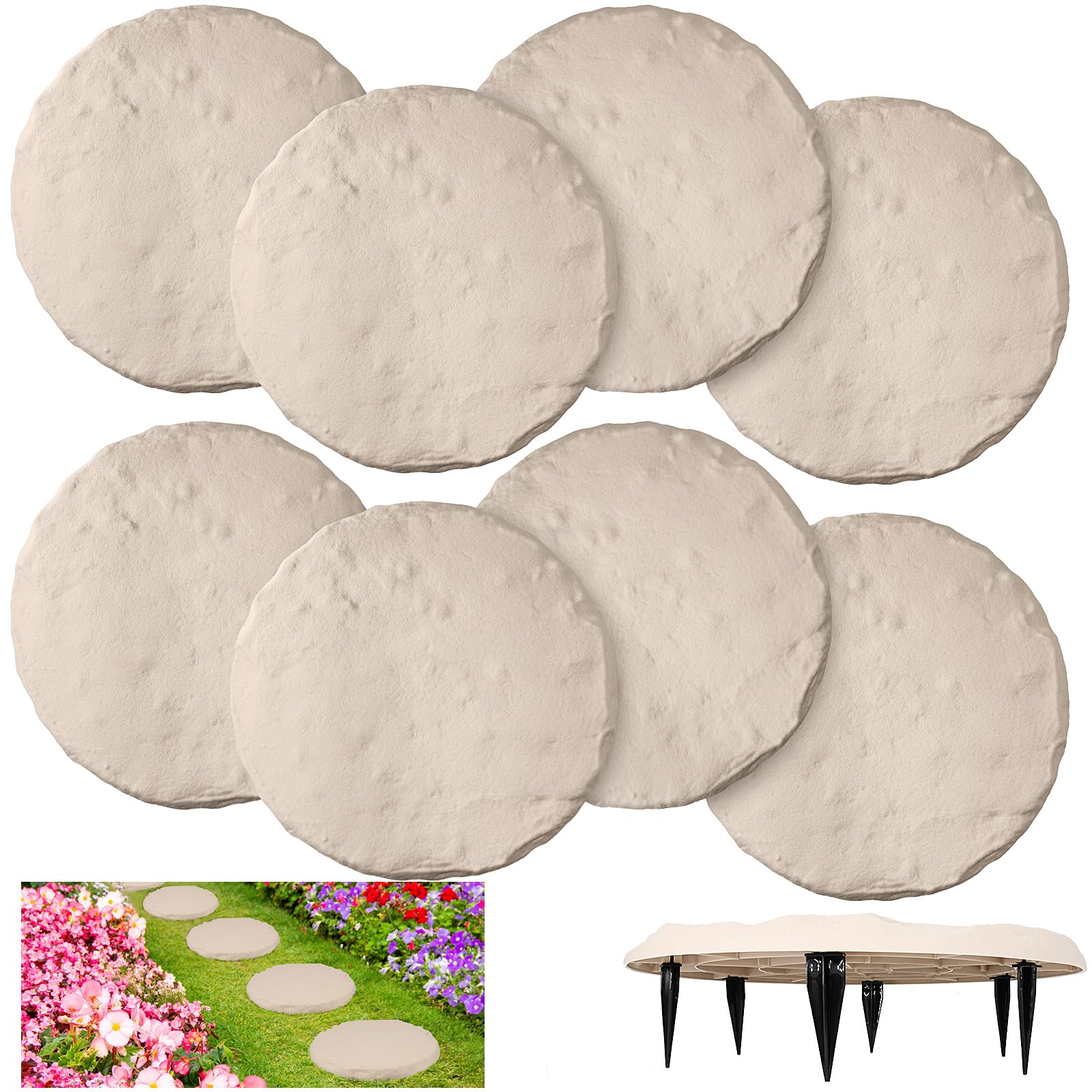 8 Pcs Garden Stepping Stones with Ground Stake Down Rubber Stepping Stones Outdoor 15.5'' Paving Garden Step Stones Decorative Walking Stones for Path Patio Lawn Yard Garden Pathway Pavers-image-5