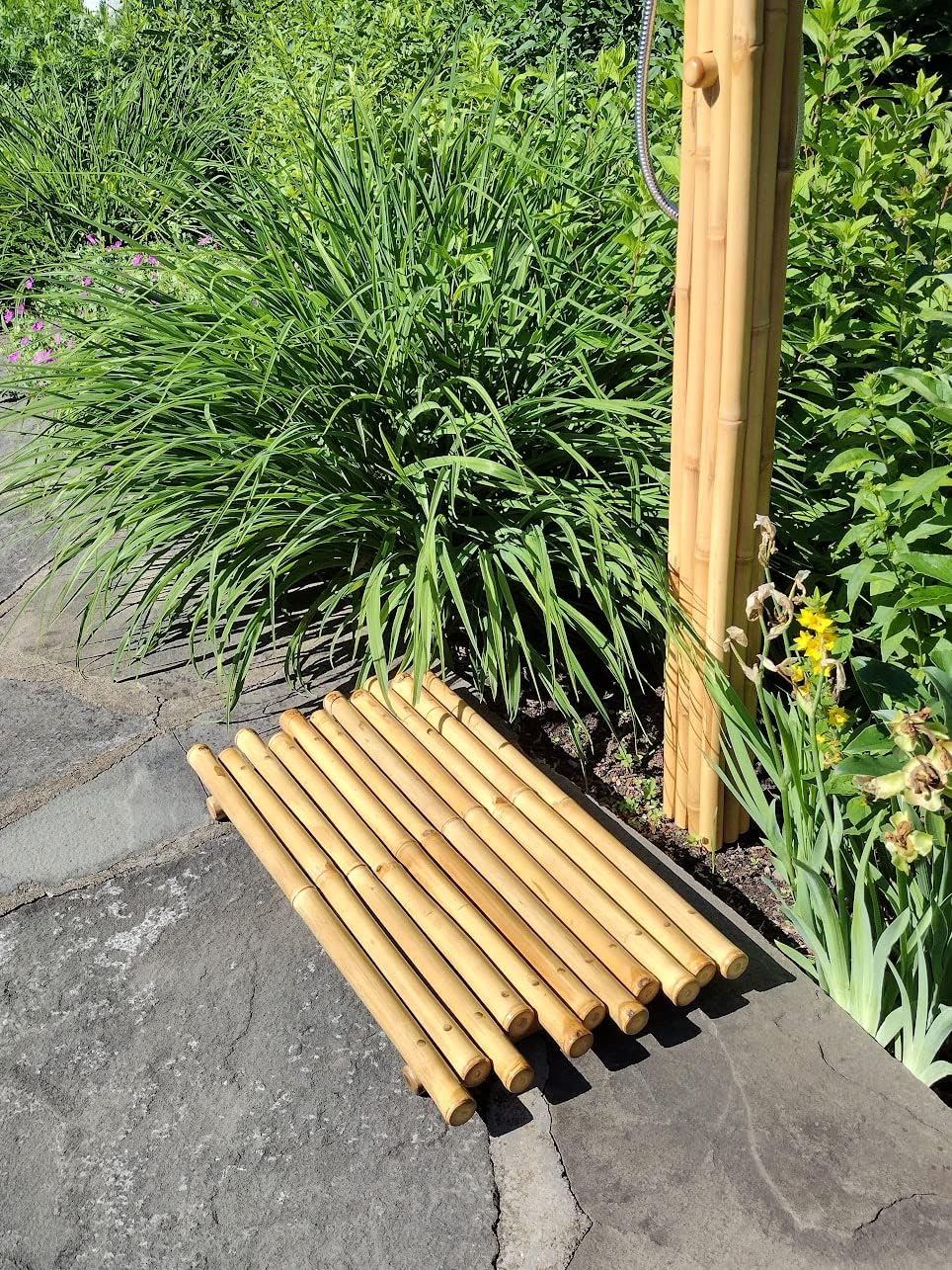 boohugger Outdoor Shower Square Bundle | Tropical | Natural Bamboo | Handmade | 7 Ft. Tall