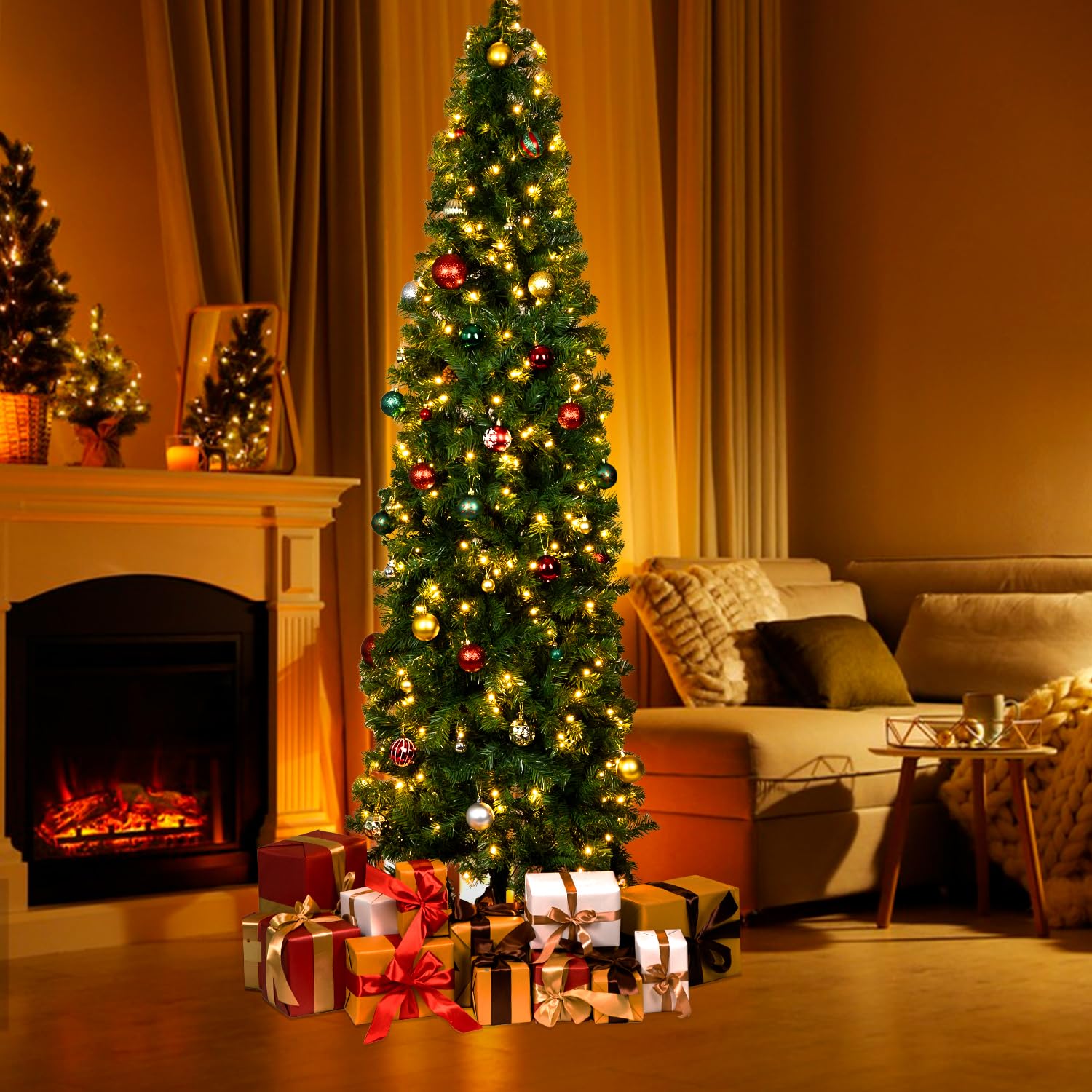 7d24hcare 7.5ft Pre-Lit Pencil Christmas Tree, Artificial Skinny Christmas Tree W/Metal Hinges & Base, Perfect for Indoor Shops Office and Holiday