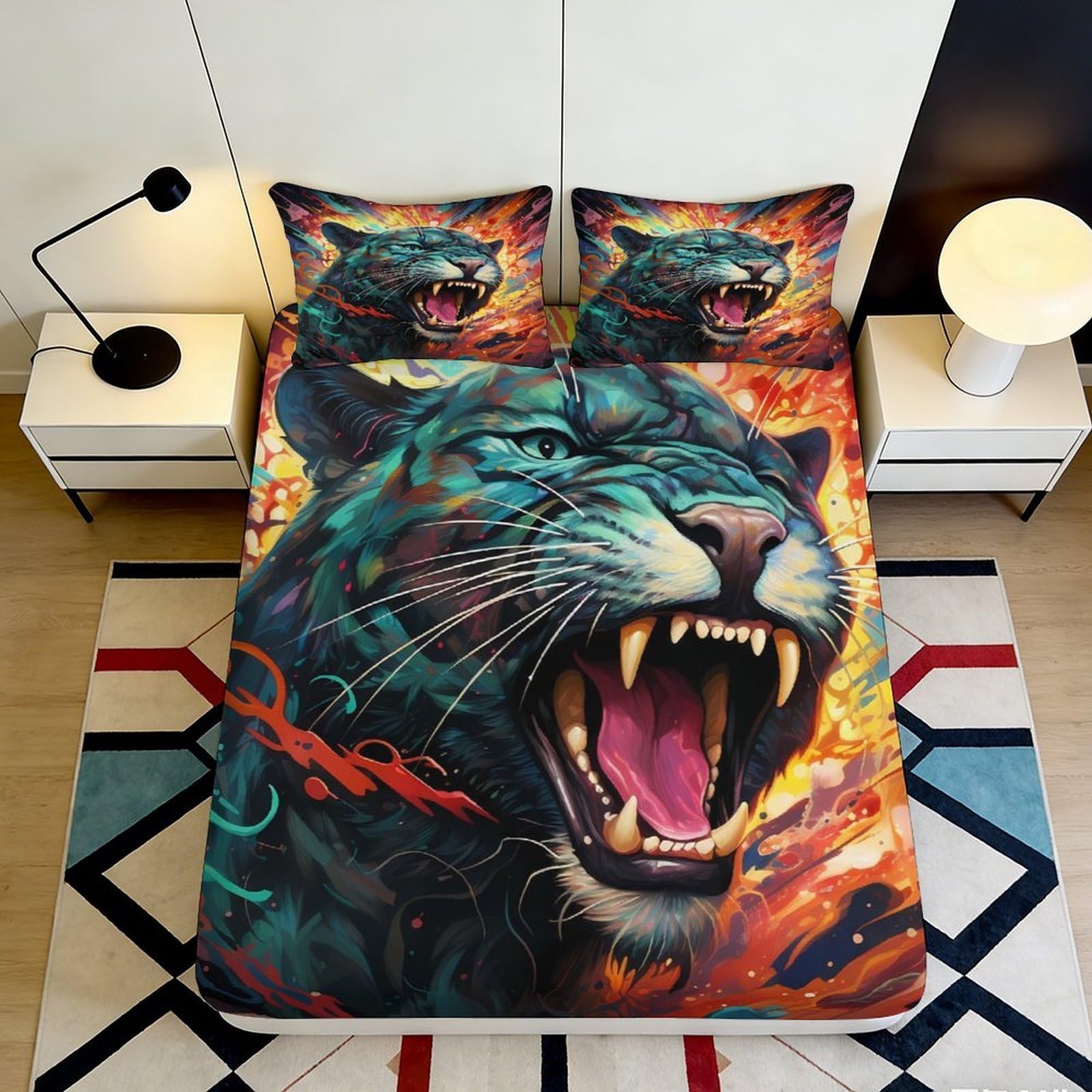 3D Printed Fierce Panther Fitted Sheet Microfiber Soft Vibrant Flames Bed Cover for Bedroom Dorm Mattress Protection Decor 90x200x25cm