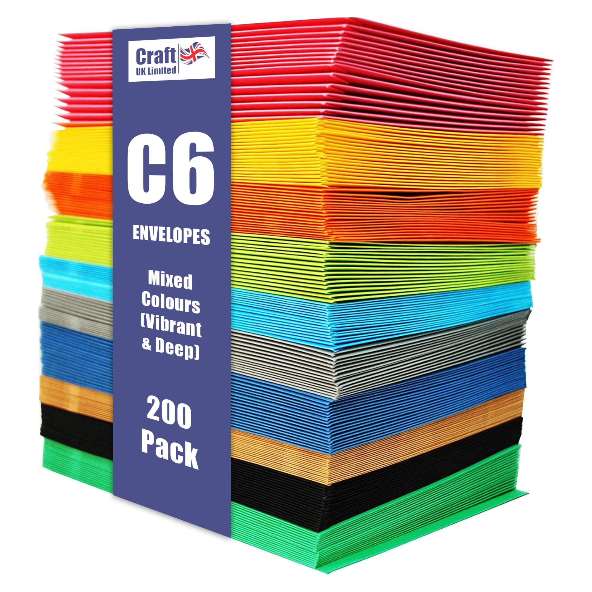 Craft UK, 200 C6 Envelopes for Card Making, Invitations, and More, Made in the UK, Lasting Quality, Vibrant & Deep Colours (20 x 10 Assorted Colours)