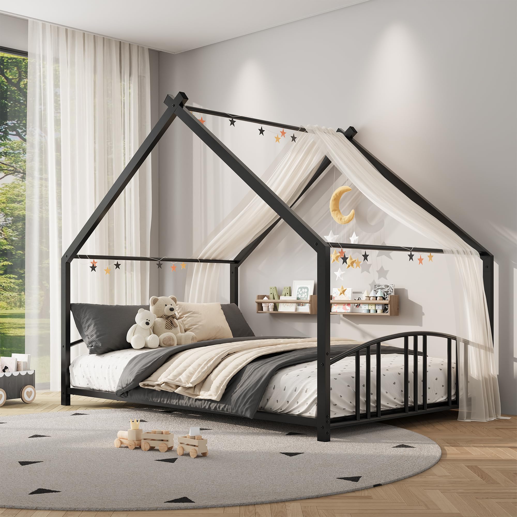 Garvee Full Size Metal House Bed Frame for Kids, Black